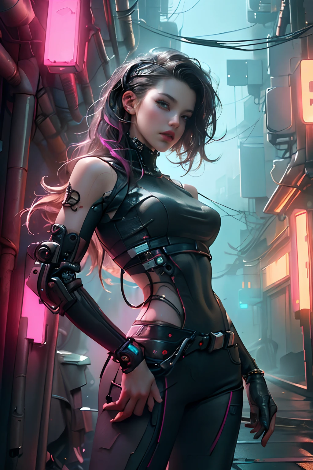 cyber punk Girl,(top-quality、8K、32K、masterpiece)、(The ultra -The high-definition)、(Photorealsitic:1.4)、Raw photography,Charming perfect figure, facing camera, cowboy shot, dynamic pose, long shapeless hair, facing camera, Detailed cyberpunk fashion、World of Cyberpunk,depth of fields,blurry backround, cinematic lighting.