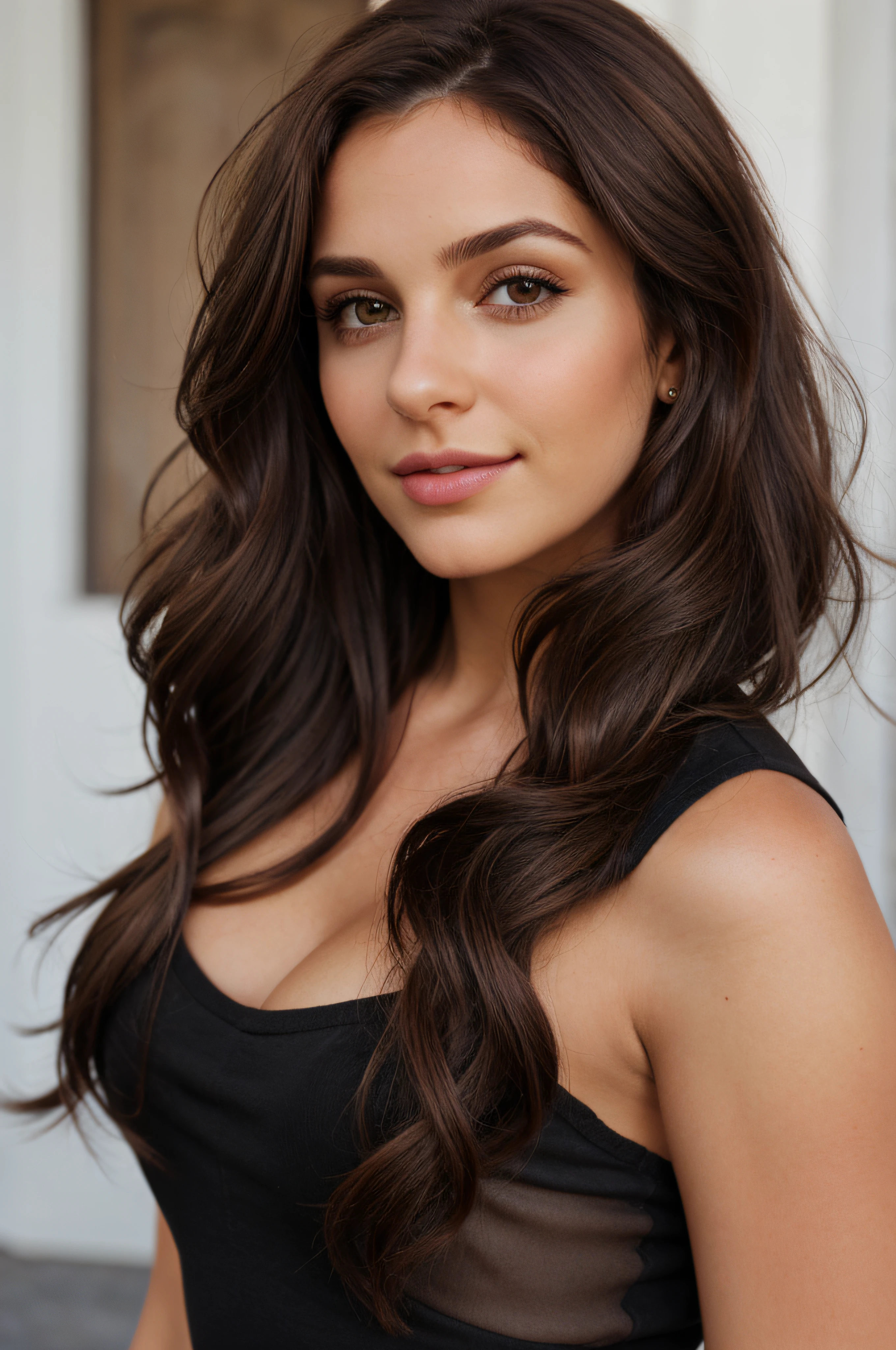 1mujer, (realista:1), brown hair, Cabello largo, ojos negros, feliz, cuerpo completo,