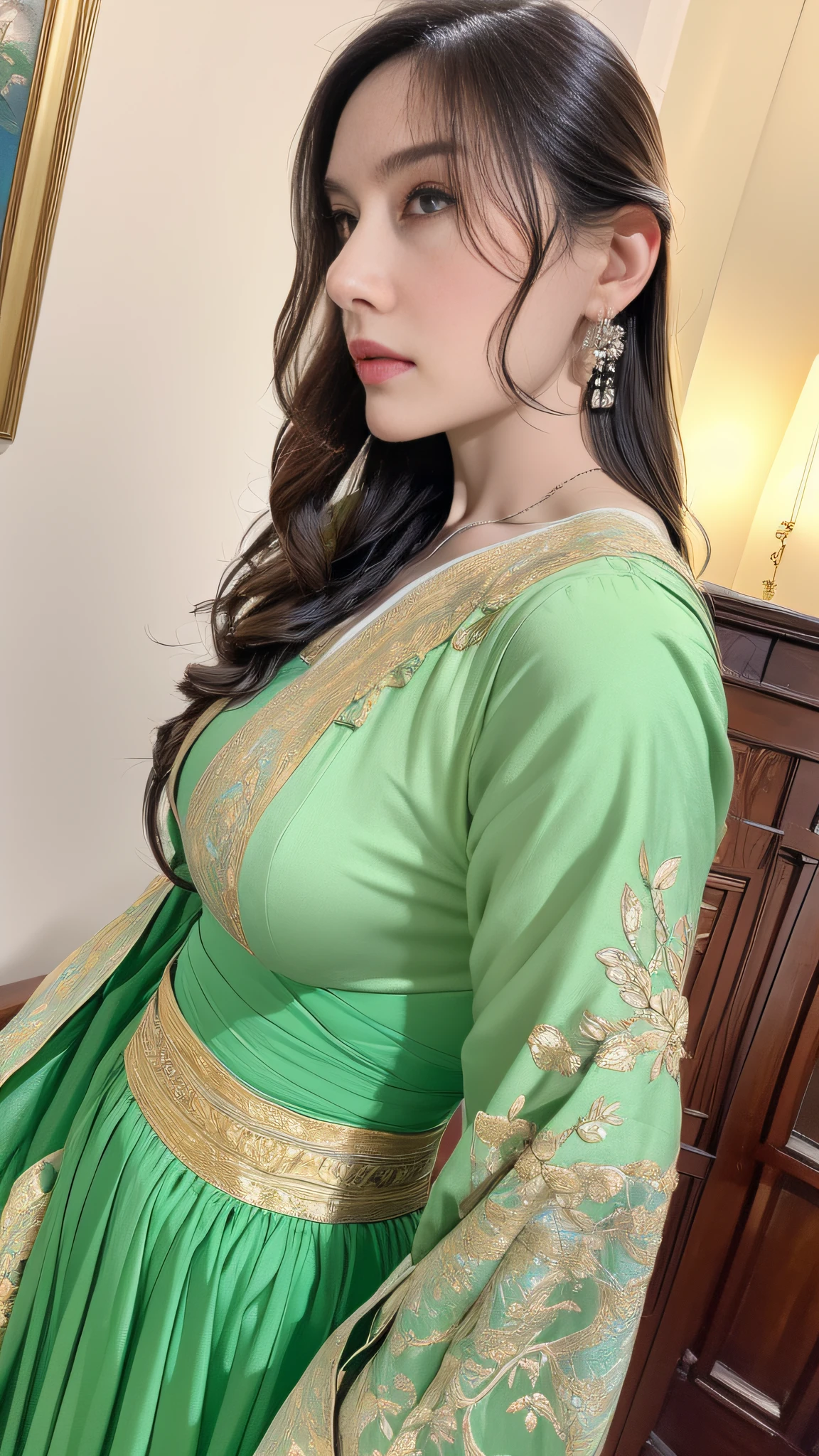 1 girl, goddes, Vi delicate and beautiful face, Golden hair, flowy, round breast, Convex buttocks, greek clothes, Perfectly proportioned, Detailed clothing details, Green clothing, Silver-green clothes, Bare waist, In decorated rooms,, temple, Wonderland, Cinematic lighting, film grains, Fujicolor, light and darkcontrast, 8K, masterpiece, Textured skin, Super Detail, high detailing, High quality, hight resolution,
