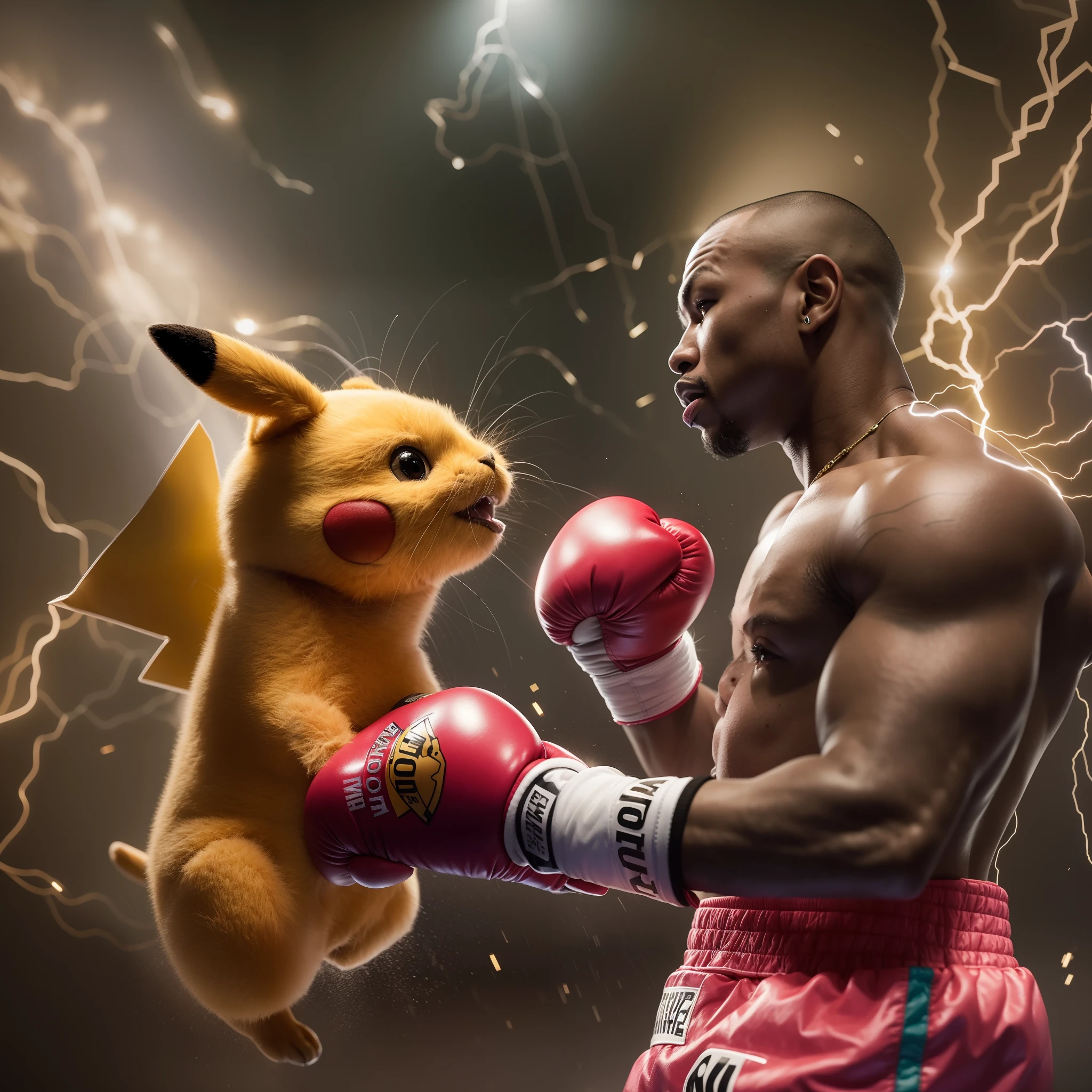 High resolution, high quality, shot from a distance, Floyd Mayweather boxing with Pikachu, electric shock background, 100,000 volts, the most unique one-shot, photorealistic, realistic, funny work of art,
