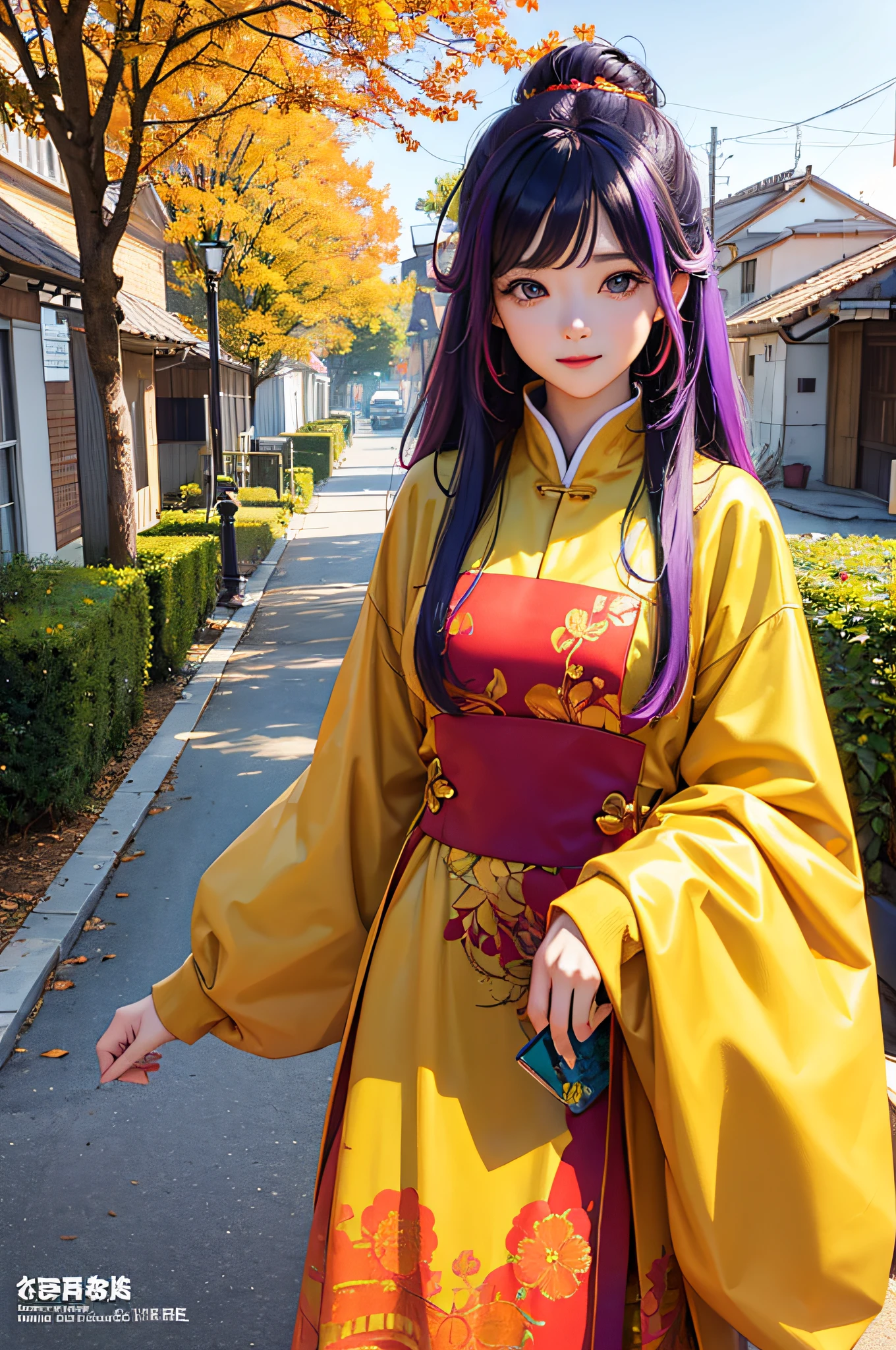 masterpiece、top-quality、Autumn costume、colourful hair、outside of house、Magazine covers、The upper part of the body、