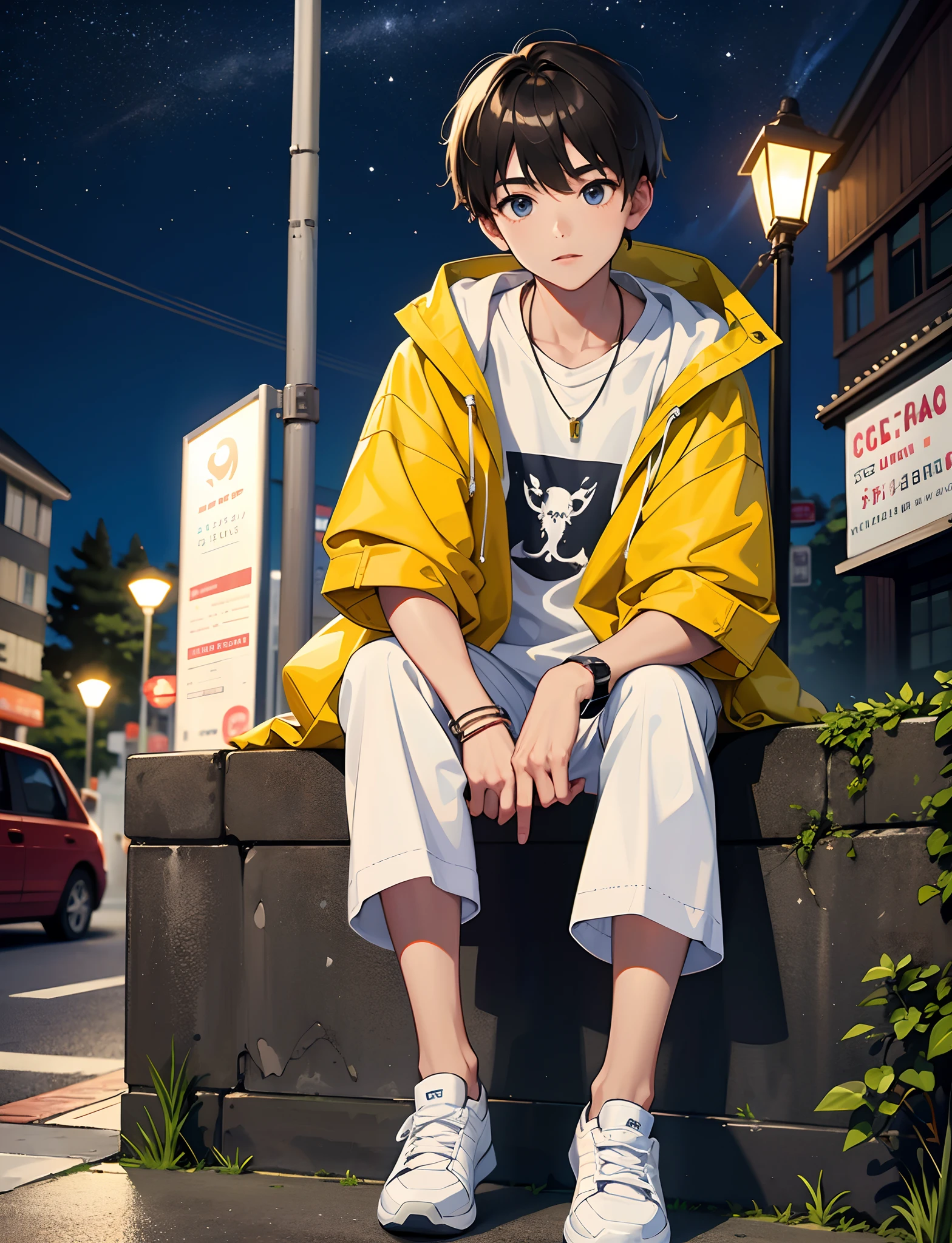 A young boy with，dressed in casual attire，Wear sneakers，With a necklace，Sit under a street lamp，the night，Looking at the stars in the sky，Close-up of people，Ultra-high definition