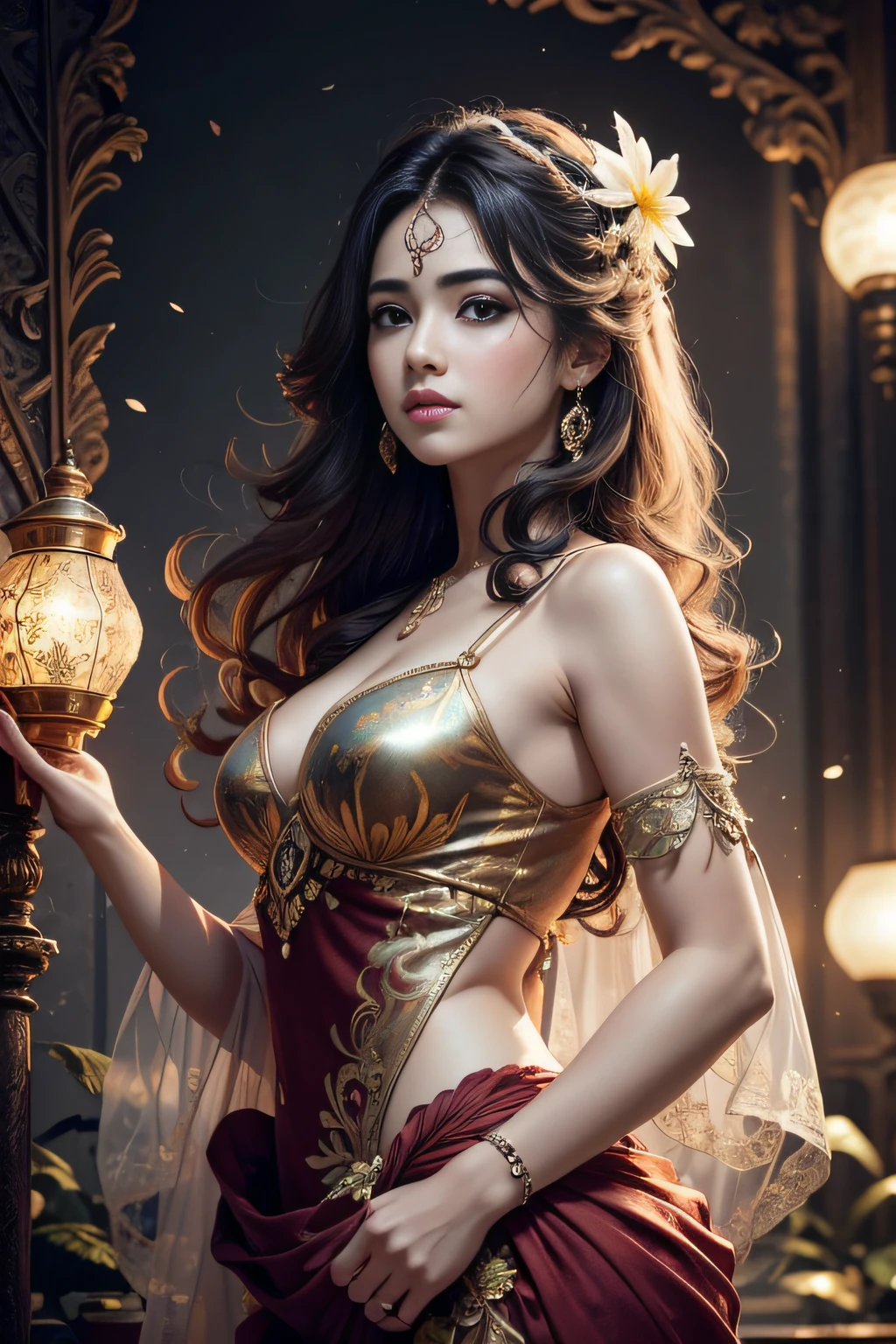 (Foto RAW, melhor qualidade), (realista, fotorrealista: 1,3), melhor qualidade, altamente detalhado, obra-prima, ultra detalhado, illustration, Uma garota , parte superior do corpo, dinamic angle, obra-prima mundial, messy long hair, melhor qualidade, extremamente detalhado Unidade de papel de parede 8k , pintura, Awesome, cinematic lighthing, reflexo de lente,
roupa estilo oriental , luxuosa , epoch , nobreza , intimate , fundo parede de pedras antigas , castelo da nobreza ,