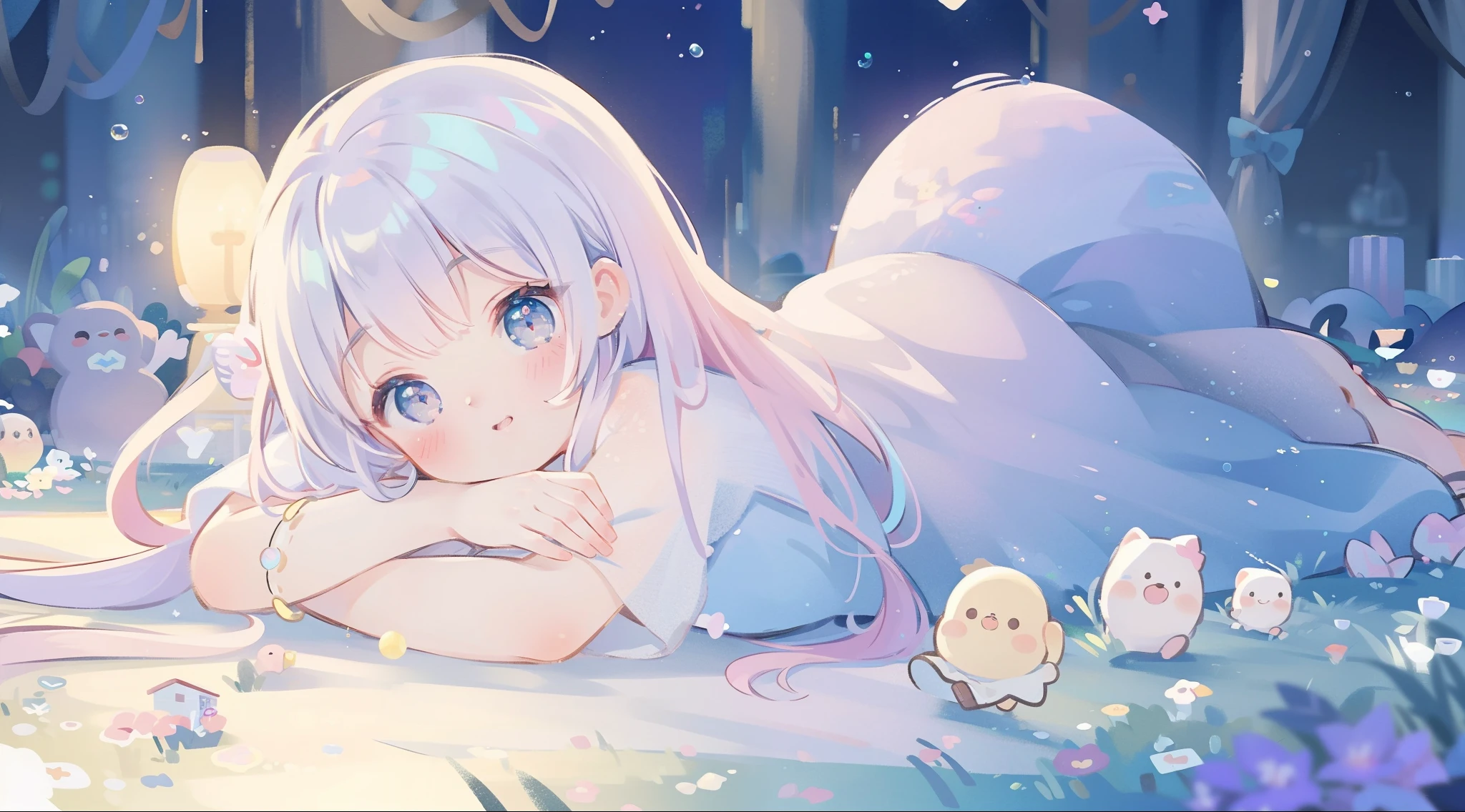masterpiece, best quality, 8k resolution, sharp focus, intricate detail, beautiful girl, sparkling eyes, golden ratio face, otherworldly liquid, watercolor, ((pastel colors)), bright colors, whimsical, colorful, sharp focus, high resolution, fine detail, princess fantasy ballgown, ((round eyes)), iridescent bubbles, castle landscape in background