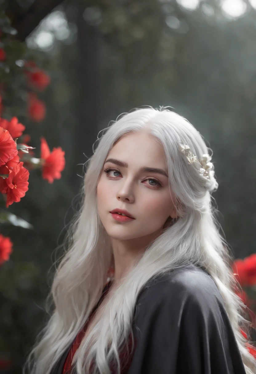 1girl,solo,1girl,solo,((beautiful detailed eyes)), (detailed light),depth of field,(white hair),silver eyes,hair over one eye,(red flower ), hair flower,long hair,black cloak,wet,emotionless,looking back,night,starfall,raining,fog,red flowers falling,sketch,upper body,intense shadows,
