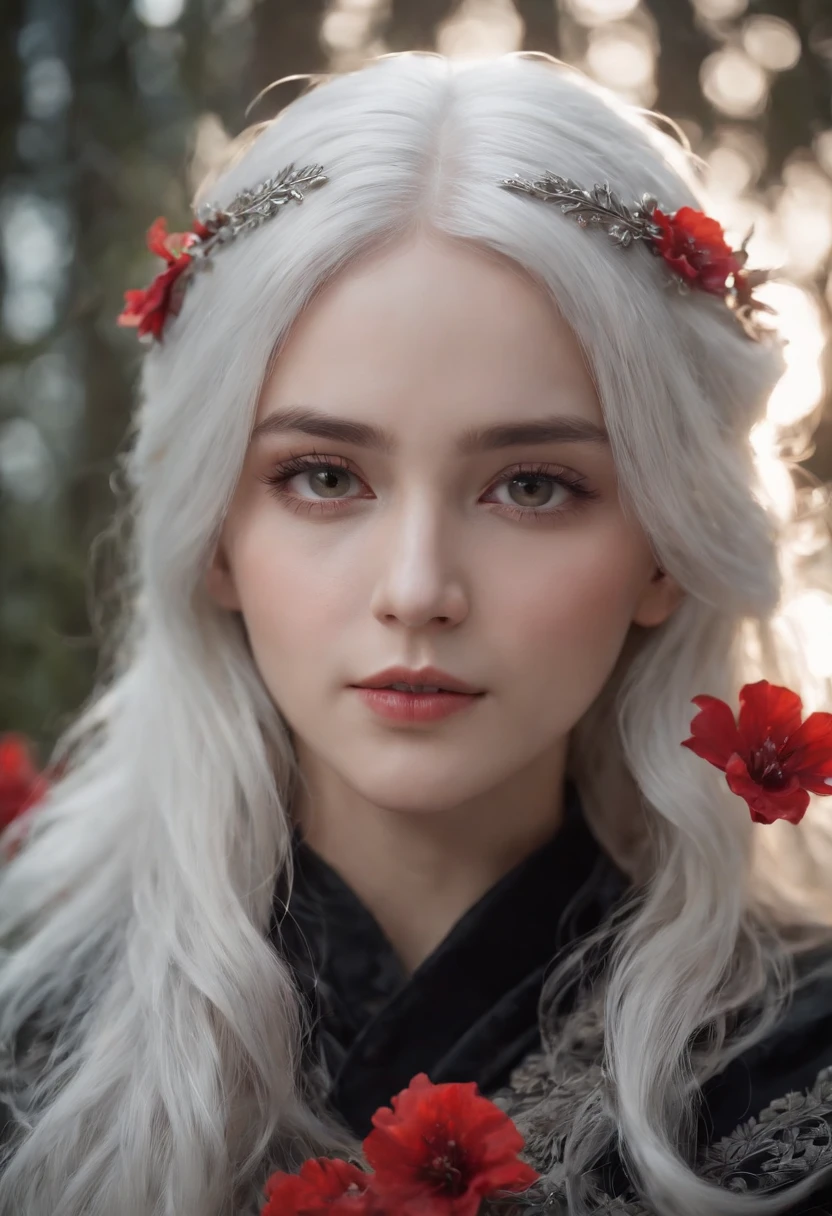 1girl,solo,1girl,solo,((beautiful detailed eyes)), (detailed light),depth of field,(white hair),silver eyes,hair over one eye,(red flower ), hair flower,long hair,black cloak,wet,emotionless,looking back,night,starfall,raining,fog,red flowers falling,sketch,upper body,intense shadows,