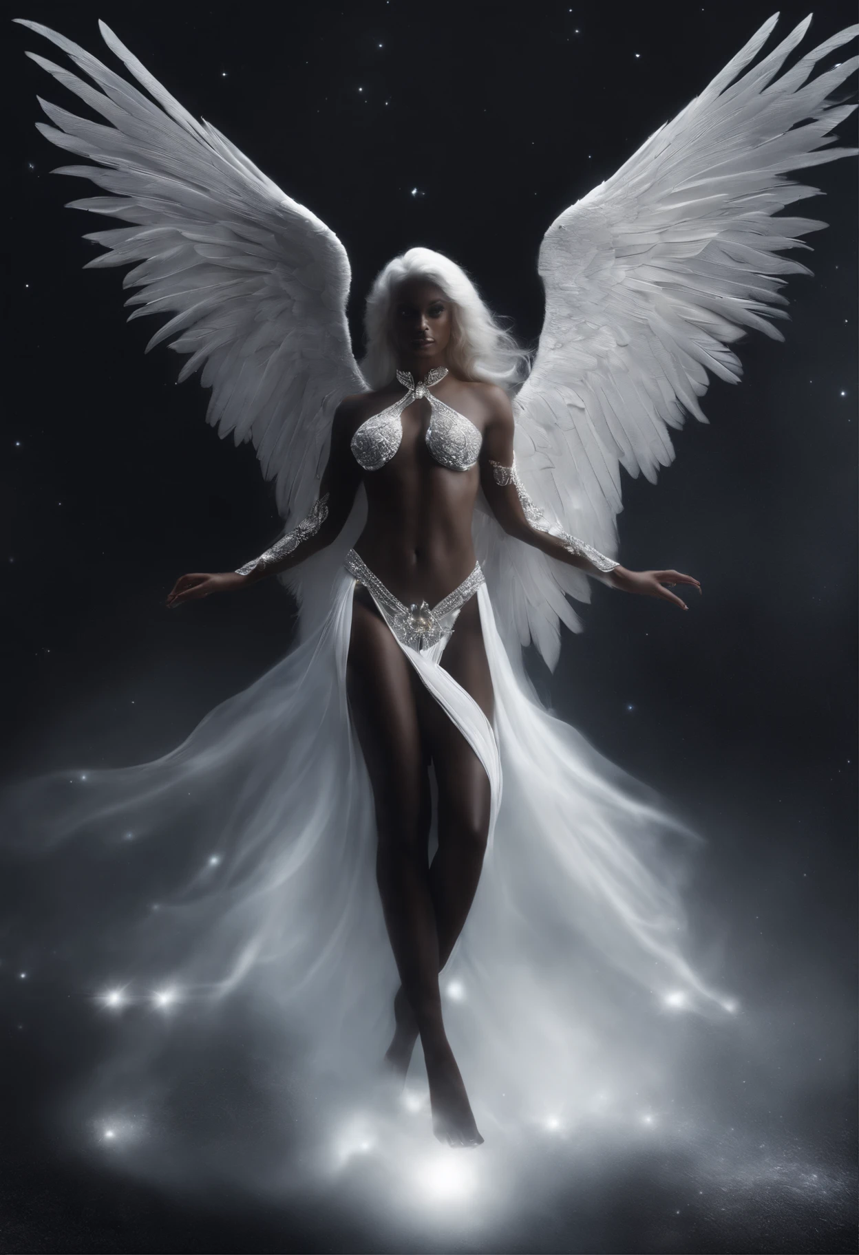 cosmic fallen angel, black ebony angel, olhos claros brilhantes ebony, Biomechanicals ebony, estranho ebony, assustador, pesadelo, cores muito brilhantes, Lua Cheia: light particles, com luz brilhante, Mshiff, Arte do papel de parede, papel de parede uhd