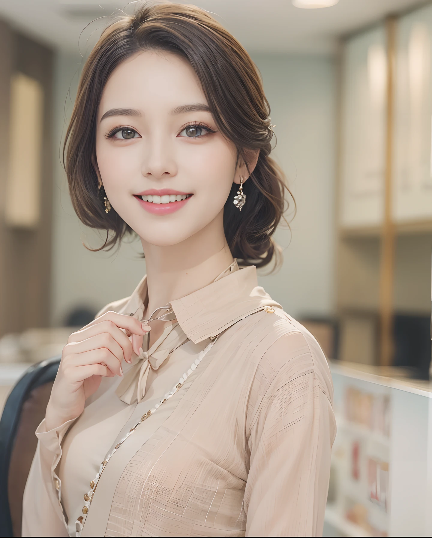 masutepiece、hight resolution、Company Secretary、Beauty Secretary、Career Woman、30-year-old girl、1girl with、Looking at the camera、The background is the company reception、smil、Finish as shown in the photo、a beauty、the skin is white and beautiful、Hair should be tied back、
