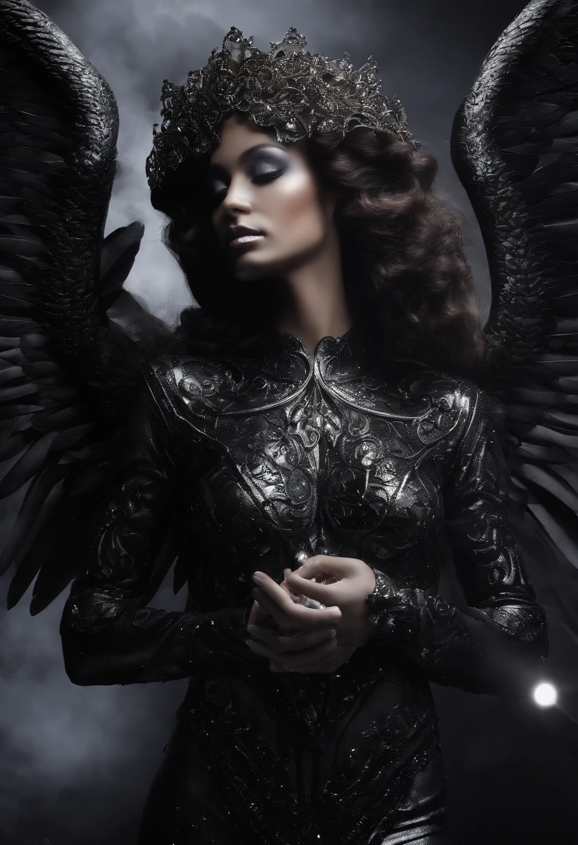 cosmic fallen angel, black ebony angel, olhos claros brilhantes ebony, Biomechanicals ebony, estranho ebony, assustador, pesadelo, cores muito brilhantes, Lua Cheia: light particles, com luz brilhante, Mshiff, Arte do papel de parede, papel de parede uhd