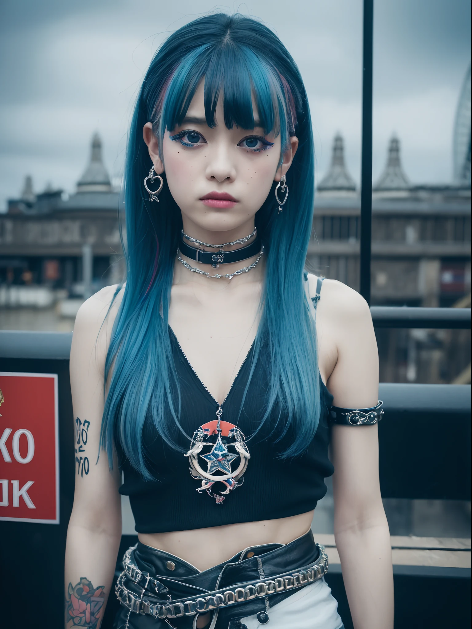 the Extremely Detailed CG Unity 8K Wallpapers、top-quality、ultra-detailliert、​masterpiece、studio shoot、Full body portrait、(London punk fashion of the 70s:1.4), Studsbelt、Stud Bracelet、a choker、Silver Accessories、Vivienne Westwood、Sex pistols、realisitic、Behind the photo、large full breasts、realisitic、Photo Real、extremely detailed cute girl、独奏、、Melancholy look, (Against the backdrop of London's Camden Town:1.4), Blue and black multi-colored hair, out of focus、blur、