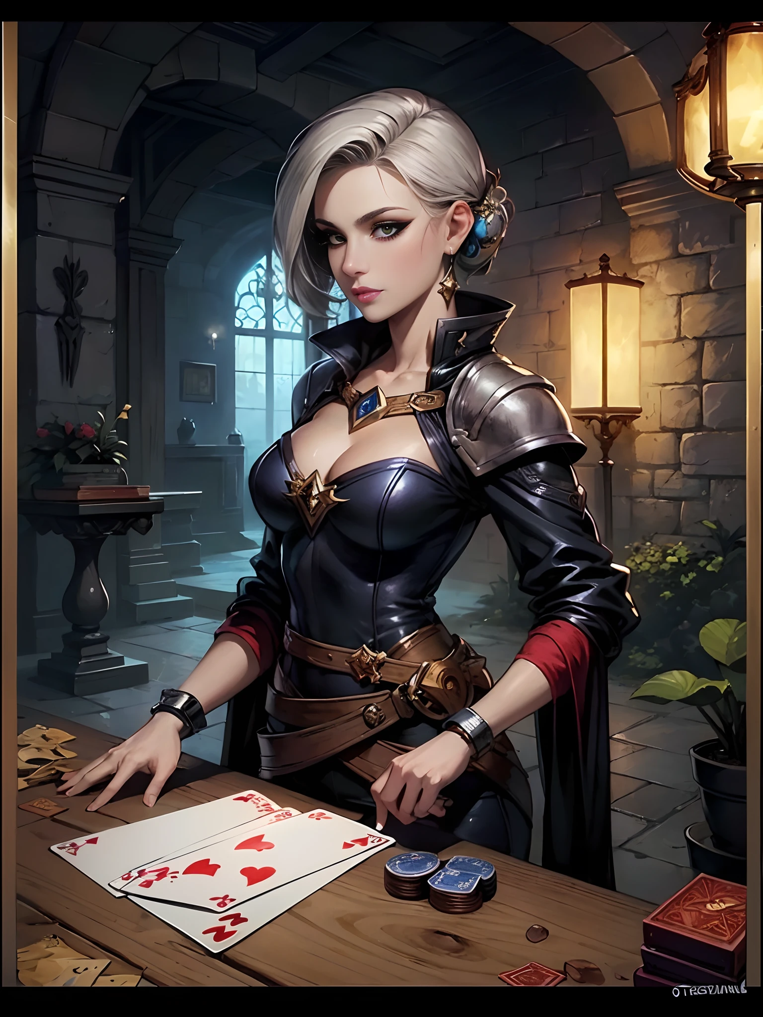 um close up de uma mulher com uma roupa preta segurando uma faca, Arte do Jogo de Cartas de Fantasia, Graphic artist Magali Villeneuve, card game illustration, maga feminina de fantasia sombria, Artgerm Julie Bell Beeple, Artgerm extremamente detalhado, artgerm detalhado, collectible card art, card art, retrato artgerm, Artgerm e Wlop