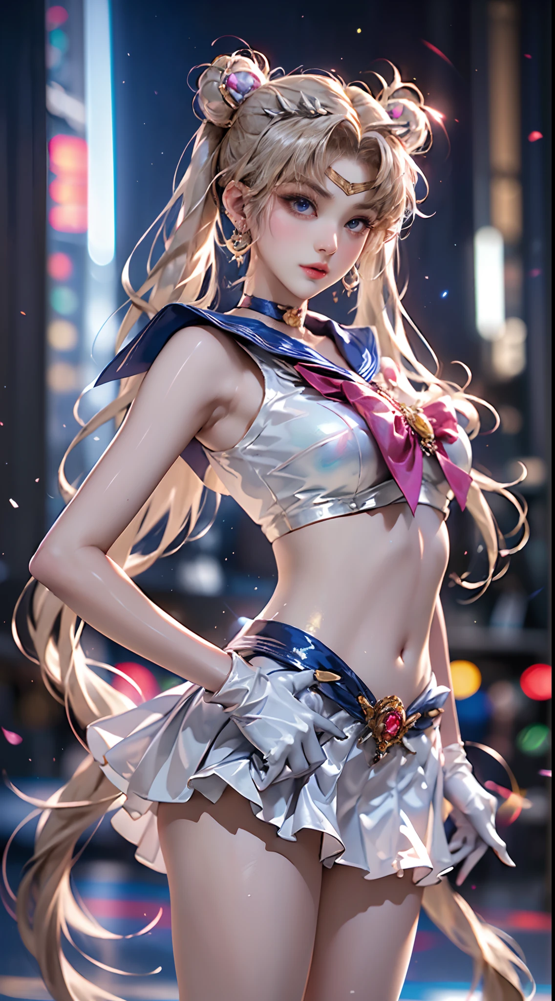 masutepiece, full: 1.3, to stand, 8K, 3D, Realistic, Ultra Micro Photography, of the highest quality, Extreme Details CG Unity 8K Wallpapers, From below, Intricate details, (nsfw:1.2),(1 female), 28 years old, (meishaonv,Sailor Moon,tiarra, Sailor Senshi Uniform Sailor: 1.2, Sailor Moon: 1.2), Incredibly long bright twin-tailed blonde, Thin and very long straight twin tail blonde, Hair bun, Red round hair ornament in a hair bun, Sailor Senshi Uniform, huge tit, (Silver-blue collar, blue sailor collar, Silver blue pre-gate ultra mini skirt: 1.3,Pants are visible,Super High Leg Swimsuit,  very large red bow on the chest,,: 1.3, Long white latex gloves: 1.3, Red gloves on the elbows, very large red bow behind the waist,: 1.1, cleavage looks bigger:1.2, a golden tiara, earrings), (Face Details: 1.5, Bright blue eyes, Beautiful face, Beautiful eyes, shiny eyes, thin lips: 1.5, thin and sharp pale eyebrows, long dark eyelashes, Double eyelashes), Luxurious Golden Jewelry, Thin, thin and muscular,,, a small face, Perfect proportions, thin waist, SEXY Model Pose, Visible Pore, Seductive smile, Perfect hands: 1.5, Very thin and fitting high gloss silver-white holographic leather, Octane Rendering, highly dramatic picture, Strong natural light, Sunlight, exquisite lighting and shadow, Dynamic Angle, Digital SLR, Sharp Focus: 1.0, Maximum clarity and sharpness, (Space background,Moon, dynamic background, Detailed background),(Rabbit, Double bun, Twin-tailed, Parted bangs, circlet, Jewelry, earrings, Choker, Red bow, White Gloves, elbow groves, Blue skirt
),nffsw