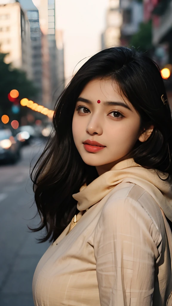 (((Desi Girl))), chubby face, Natural Skin, Wearing a hot deep necktop and dupatta, Attractive black hair, ((The ends of the hair are blonde)), city street background, Bokeh