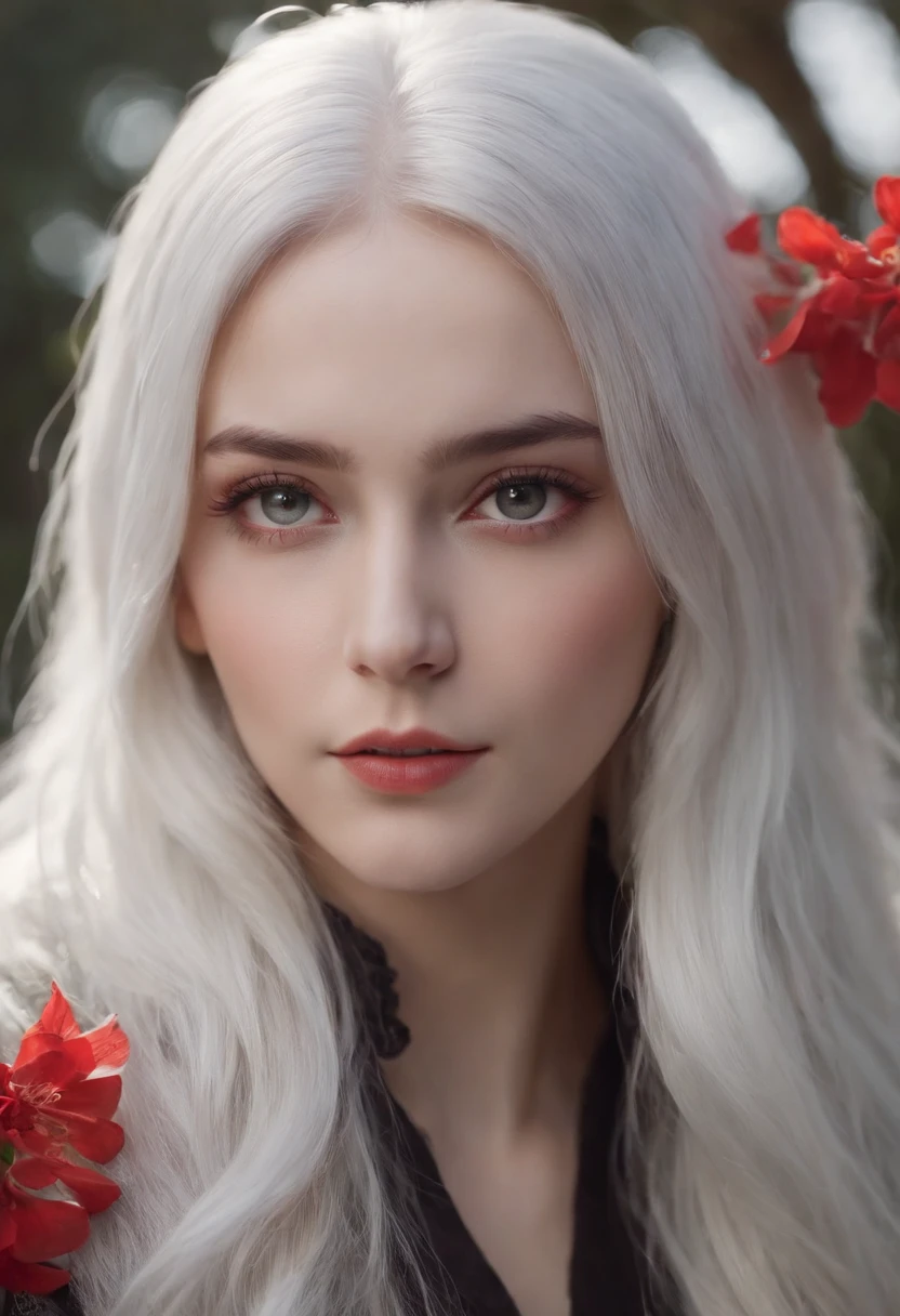 1girl,solo,1girl,solo,((beautiful detailed eyes)), (detailed light),depth of field,(white hair),silver eyes,hair over one eye,(red flower ), hair flower,long hair,black cloak,wet,emotionless,looking back,night,starfall,raining,fog,red flowers falling,sketch,upper body,intense shadows,