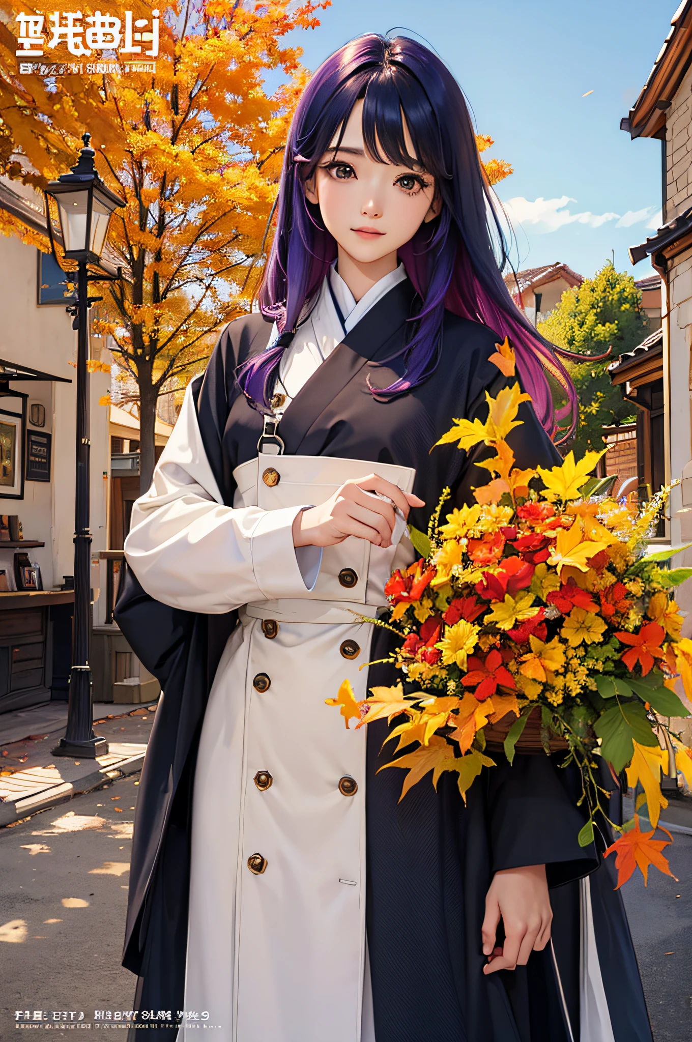 masterpiece、top-quality、Autumn costume、colourful hair、outside of house、Magazine covers、The upper part of the body、
