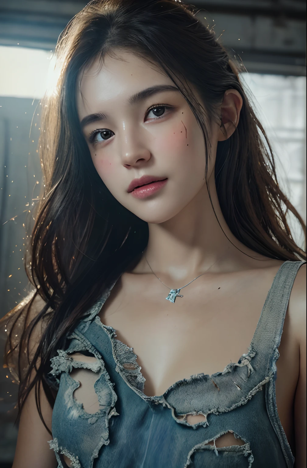 ultra highly detailed 1200k An image of a humble and happy 20 year old woman in tattered work clothes and a blotchy face and tousled hair, hyper realistic fantasy photography is all the rage on artstation, clear focus, studio photography, WLOP and Silver Ai Art, stunning masterpiece, fantasy art, fantasy visual key, fantasy photography, sunbeams, cinematic lighting, beautiful, 101K ultra detailed resolution, 3D shading, Unreal Engine 5, sf, trending on artstation, focus sharp, studio shot, intricate detail, highly detailed, by greg rutkowski