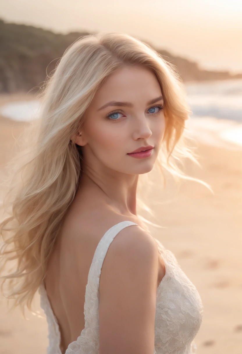 1 girl beautiful 13 years slim, lange blonde haare kleiner badeanzug, Meer wellen Strand Sommer Sonnen untergang, UHD, Meisterwerk, anatomisch korrekt, Hohe Detailgenauigkeit, hight resolution, best quality, Super detailliert, 8K