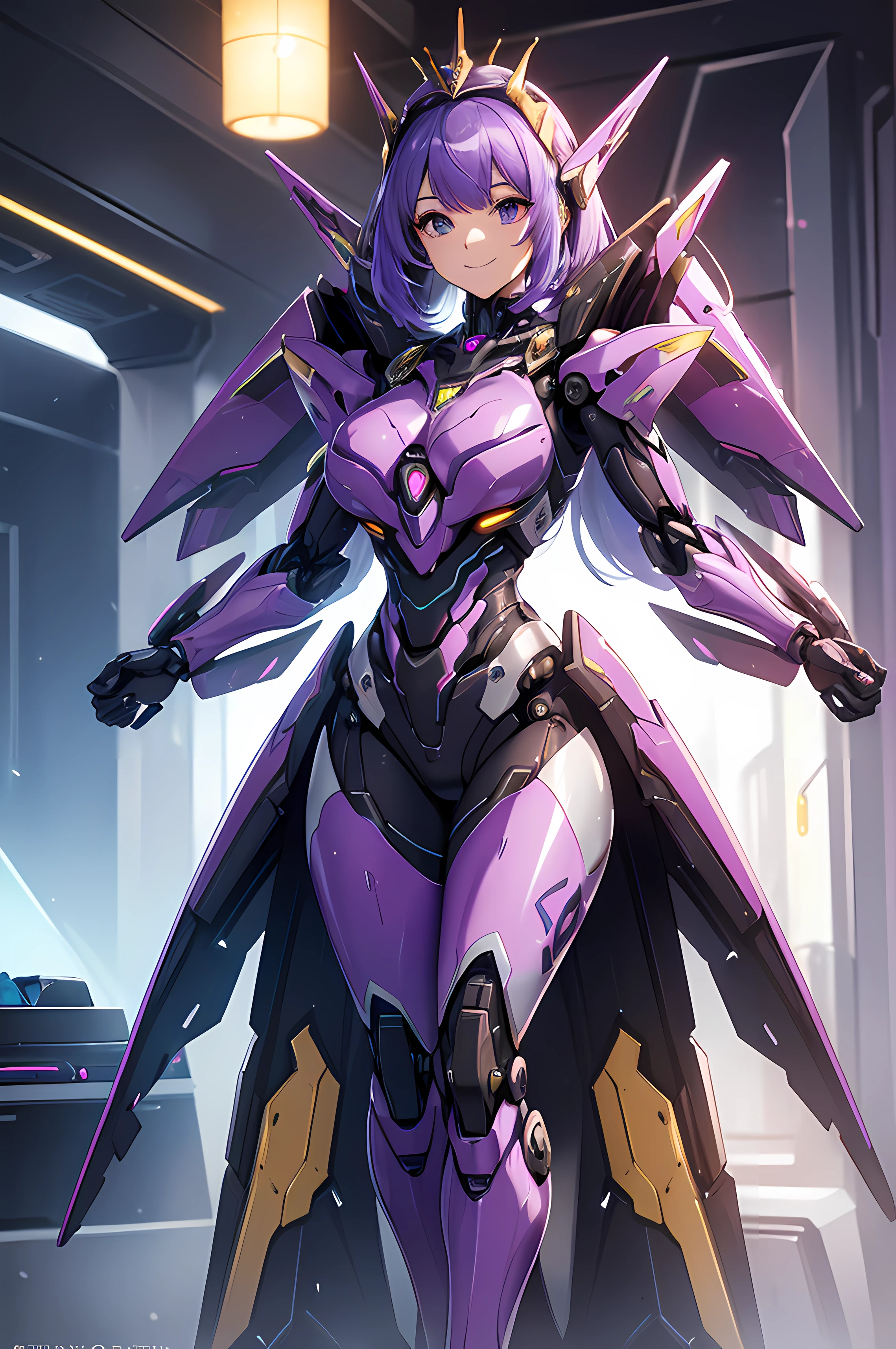 (masterpiece, best quality:1.5), (ultra detailed, high resolution, 8k, beautiful detailed, UHD, best anatomy), purple hair, medium breasts, mecha musume, Body made of machines, fighting formation, expressionless, An ominous place