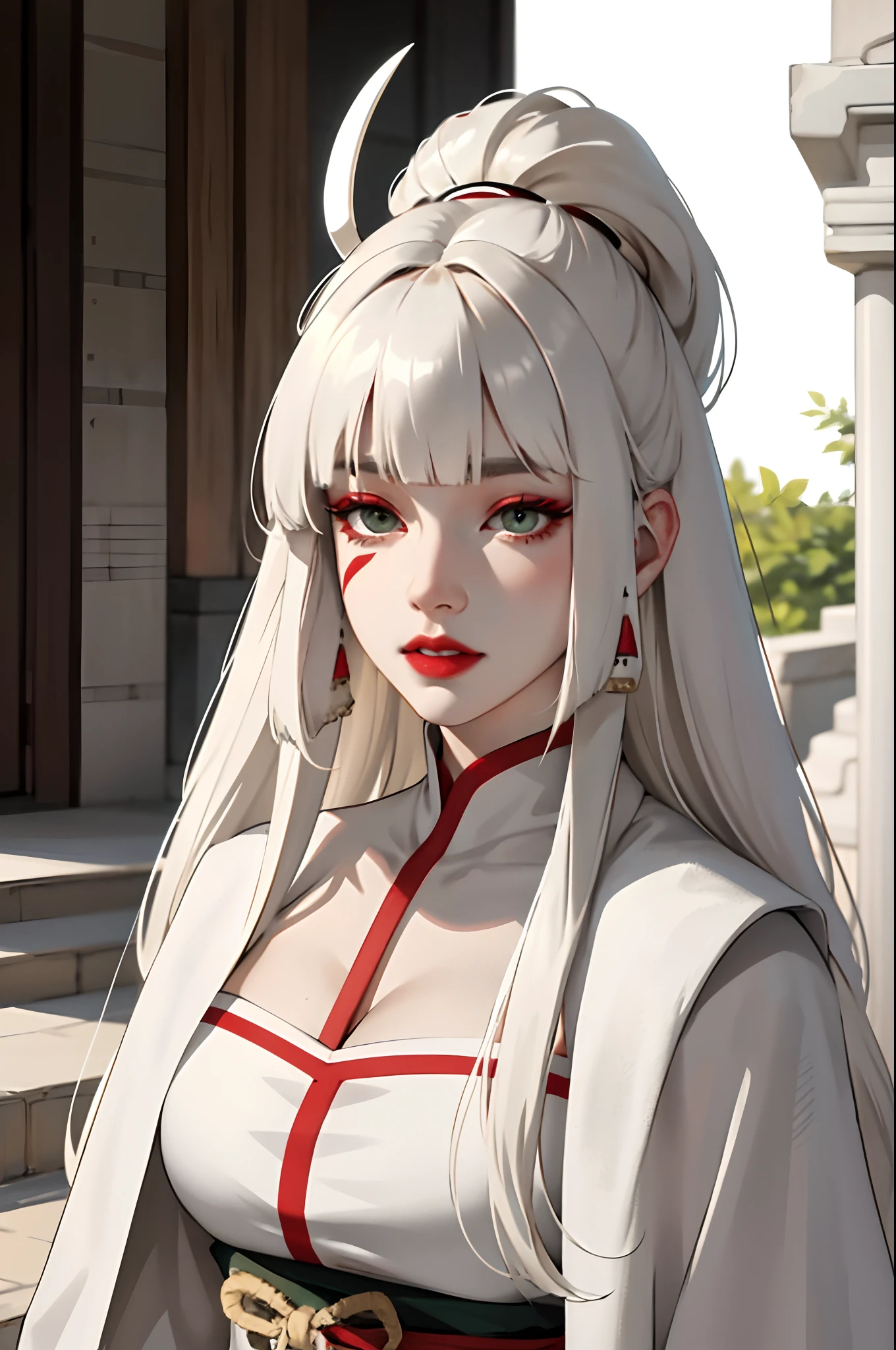 (masterpiece:1.2, best quality), (real picture, intricate details), 1lady, solo, upper body, casual, long hair, heavy makeup, white face painted, painted white face, red lipstick, red eyeshadow, natural fabrics, close-up face, serious, warrior, female warrior, armour, female warrior armour, Japanese armour, japanese warrior clothing, really long light platinum blonde hair, bangs, platinum blonde voluminous hair, green eyes, big breasts, big tits, bangs on forehead, Korean bangs, cute bangs, mature face, 1adult, 1 female, 1 woman