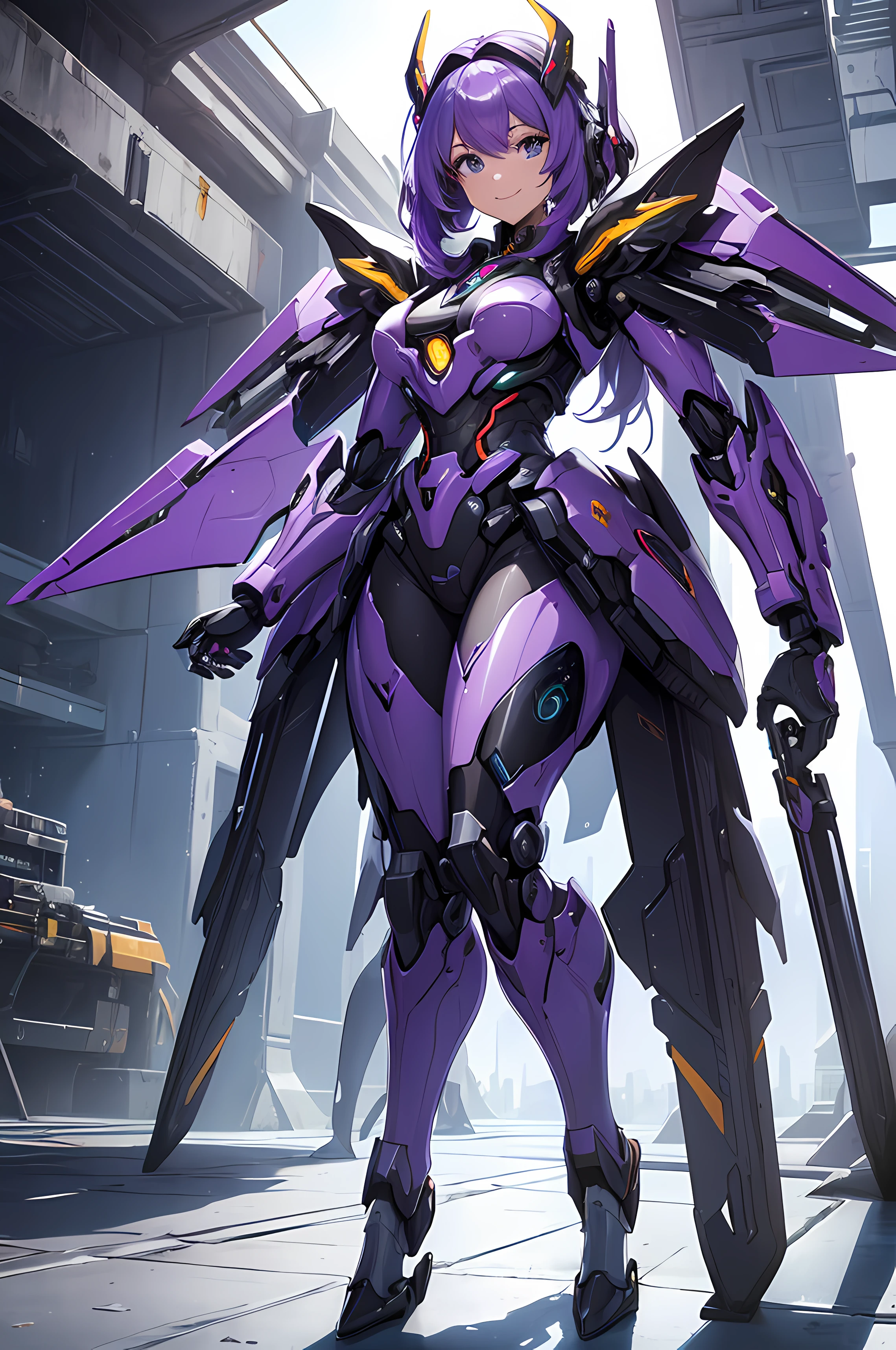 A beautiful Women, ( Queen), ((sci-fi, body armor, futuristic, full body frame, smile, mecha suit )), royal, beautiful face, purple color hair