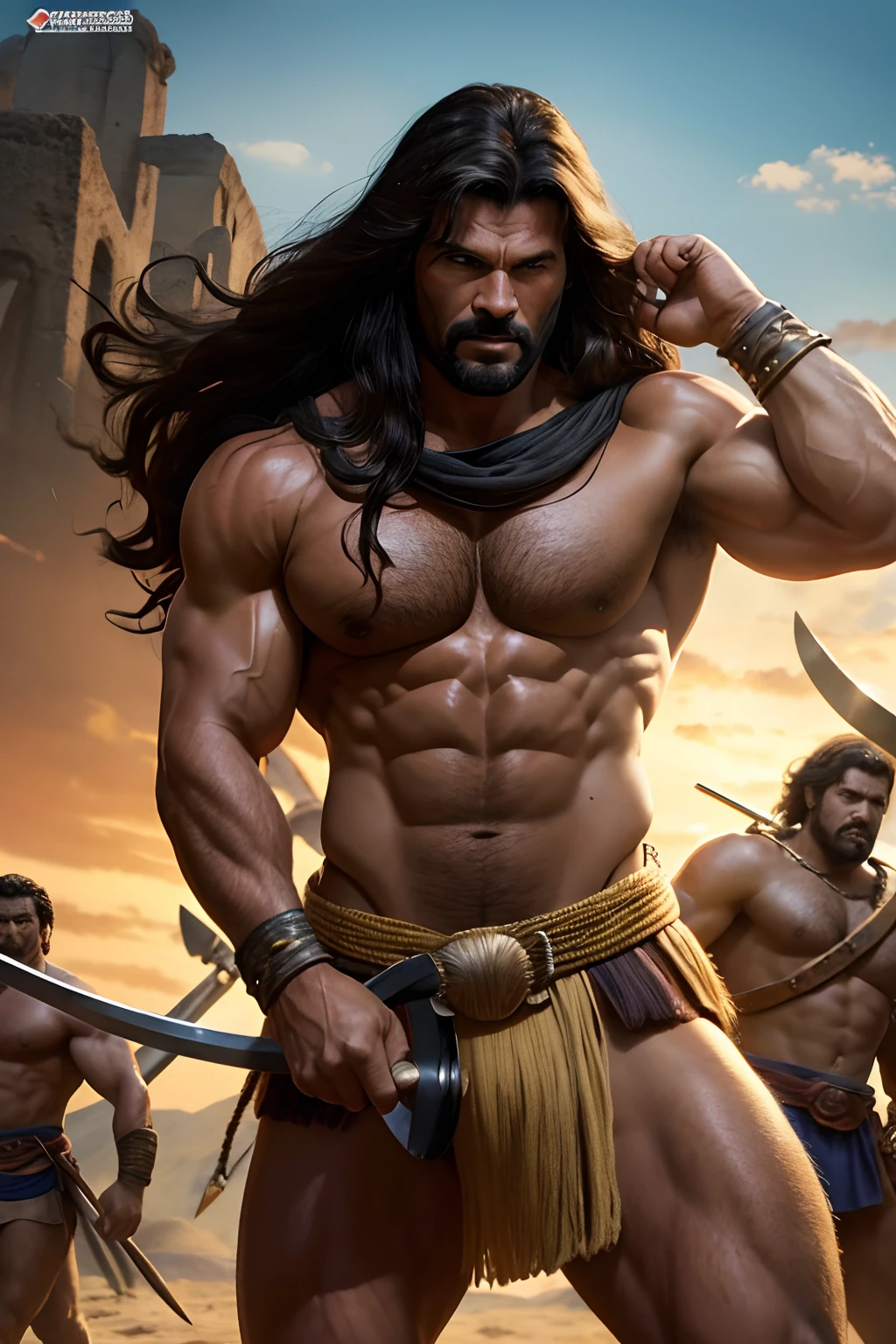 Steve Reeves como Conan, the Barbarian, cabelos longos, negros, serious eyes, corpo atletico, wearing a short tunic, wearing sandals, em uma arena, desarmado, about to face two Turanian gladiators armed with spears and swords,Steve Reeves, film composition photography, muito detalhada, extremely high resolution, cores profissionais, luz maravilhosa, luz do dia, 300k resolution, altamente realista, muitos detalhes.