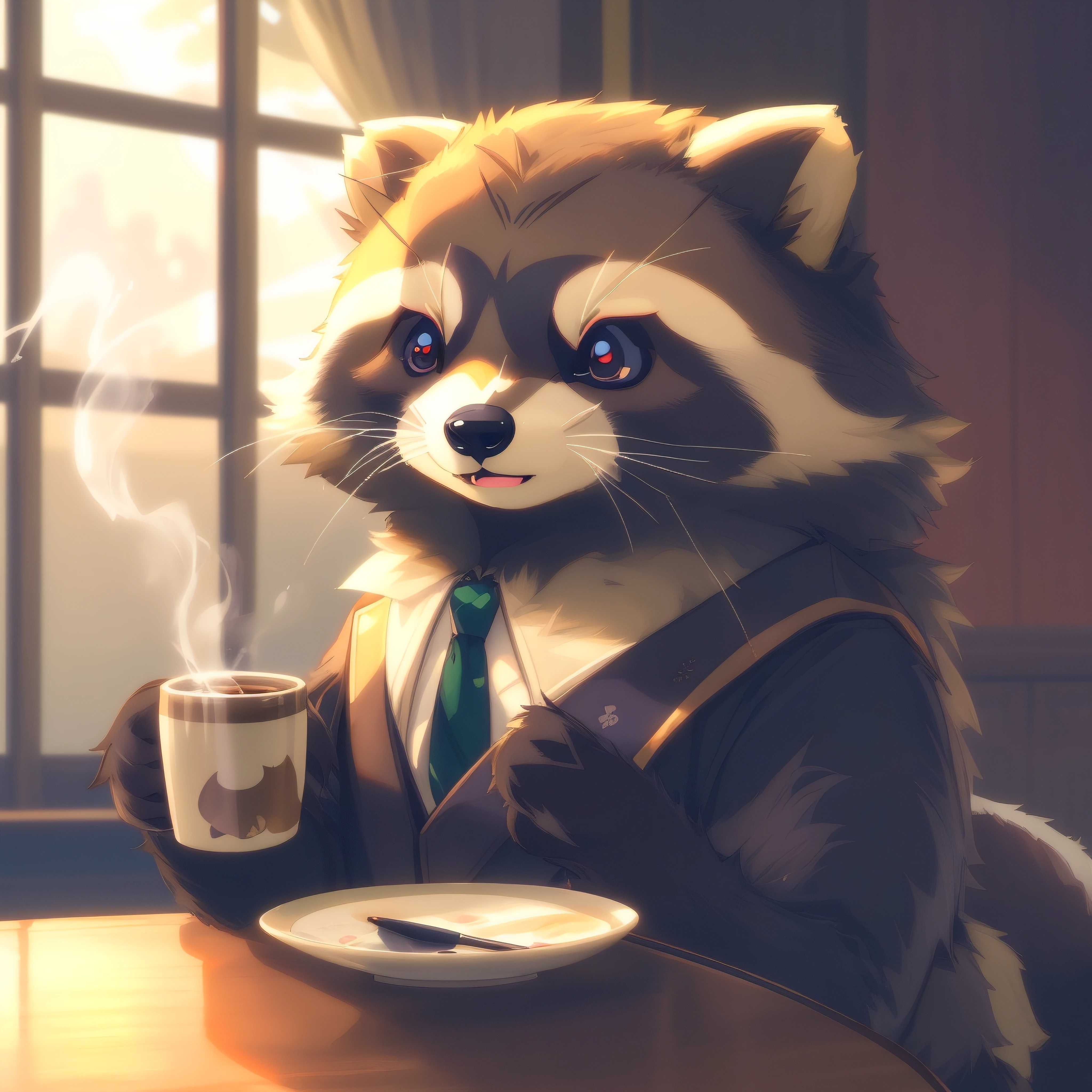 There is a raccoon dog sitting at a table drinking coffee, Anthropomorphic raccoon dog, Raccoon dog in formal dress, Adorable Digital Painting, Anthropomorphic furry art, Raccoon, Rocket raccoon dog, high quality fan art, furry character portrait, Zootopia Concept Art, furry art, Raccoon, Furry digital art