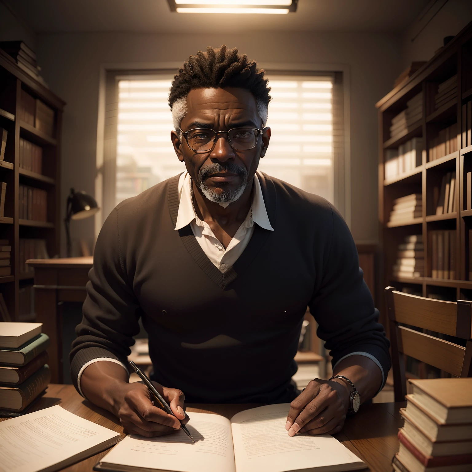 Idoso negro, in an old office full of books with an open desk, but he's not reading but looking forward