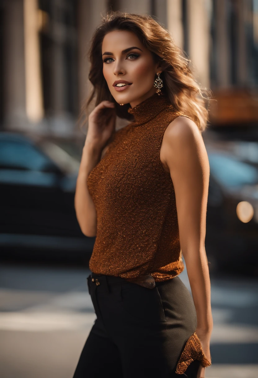 A stunning brunette woman adorned in a vivid-hued dress exudes elegance as she captures a selfie amidst a modern urban landscape. Surrounded by an artistic contrast of exposed brick walls adorned with vibrant graffiti, she stands as the focal point of the scene. The tender glow of twilight cascades upon her, accentuating her natural allure. In one hand, she cradles a Canon EOS R5 camera, and with a radiant smile, she presses the shutter button to immortalize the moment. The background, subtly blurred due to a wide aperture setting, serves to heighten her presence,