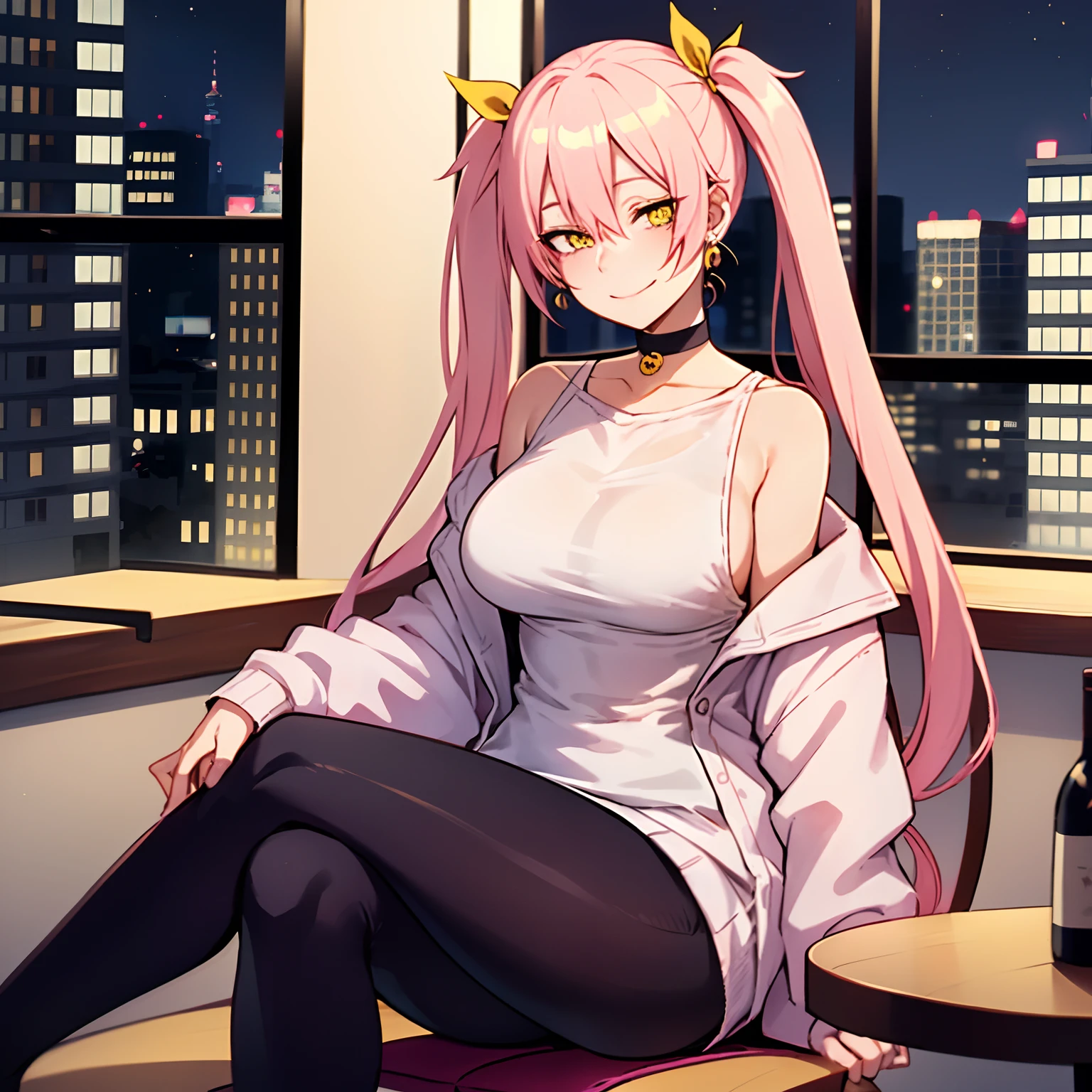 One Girl, yellow eyes, hair twintails, long hair, pinky hair,  medium breast, medium ass, smile, happy, bobby pins, choker, smile, happy facial, city, night,earrings, leggings, drop shoulder sweater top, sitting, table, chair, holding a glass of wine