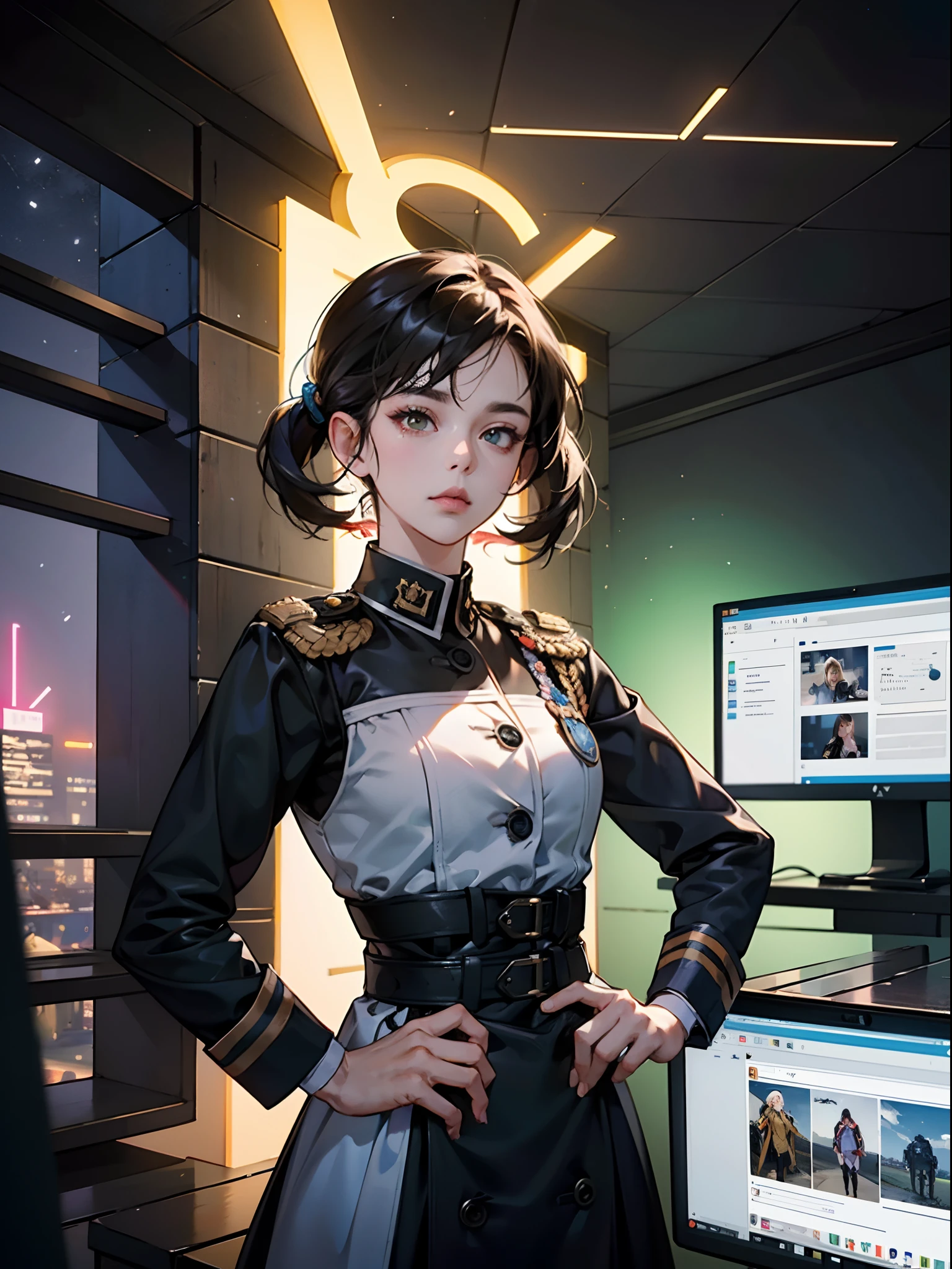 ((Melhor qualidade)), ((obra-prima)), (altamente detalhado: 1.3), 3D, NeonNoir, bela mulher cyberpunk, (using the head mounted display which is thick and hi-tech: 1.2), usando uma capa, hacking um terminal de computador, PURPLE NEON LIGHT FROM MONITOR, GREEN NEON SIGNS ON THE WALL, Style woman in uniform with a sword in hand, em uniforme militar preto, uniforme preto dourado, em uniforme preto, detalhes finos. meninas da linha de frente, das meninas da linha de frente, uniforme jk, fanart marin kitagawa, vestindo um terno nobre preto, meninas estilo linha de frente, meninas da linha de frente cg, em um uniforme de soldado, anime maid ss militar, beautiful prince androgynous, renderizados em Unreal Engine, peeled skies, ventos quebradas,sky between cracks, detalhes materiais realistas, detalhes extremos, materiais hiper-realistas, Unreal Engine rendering concept art, Broken Sky, arte Unreal Engine, lighting dramatic. Arte conceitual, renderizada em Unreal 5, ((Unreal Engine)), Unreal Engine Art 5