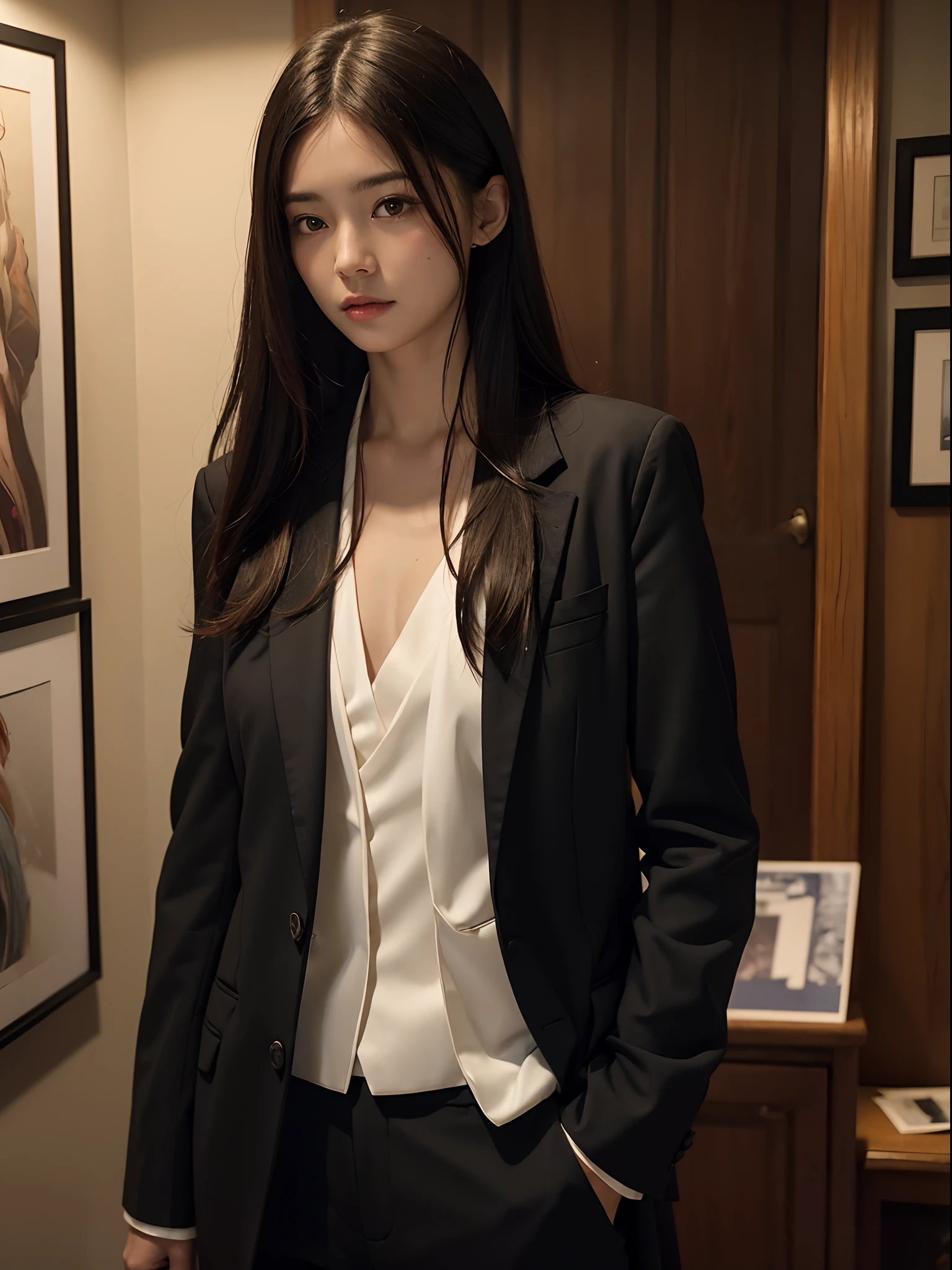 (Front Focus)、(Dark: 1.6)、Hyperrealist female portrait by David Hockney and Alphonse Mucha、Fantasy Art、photoRealstic、Dynamic lighting、art stations、poster for、Volume Lighting、extra detailed face、4 k、Award-winning、 、女の子1人、in the darkness nigth、deep-shadows、lowkey、cowboy shot、(formal clothes:1.4)、long、A dark-haired、The bikini。