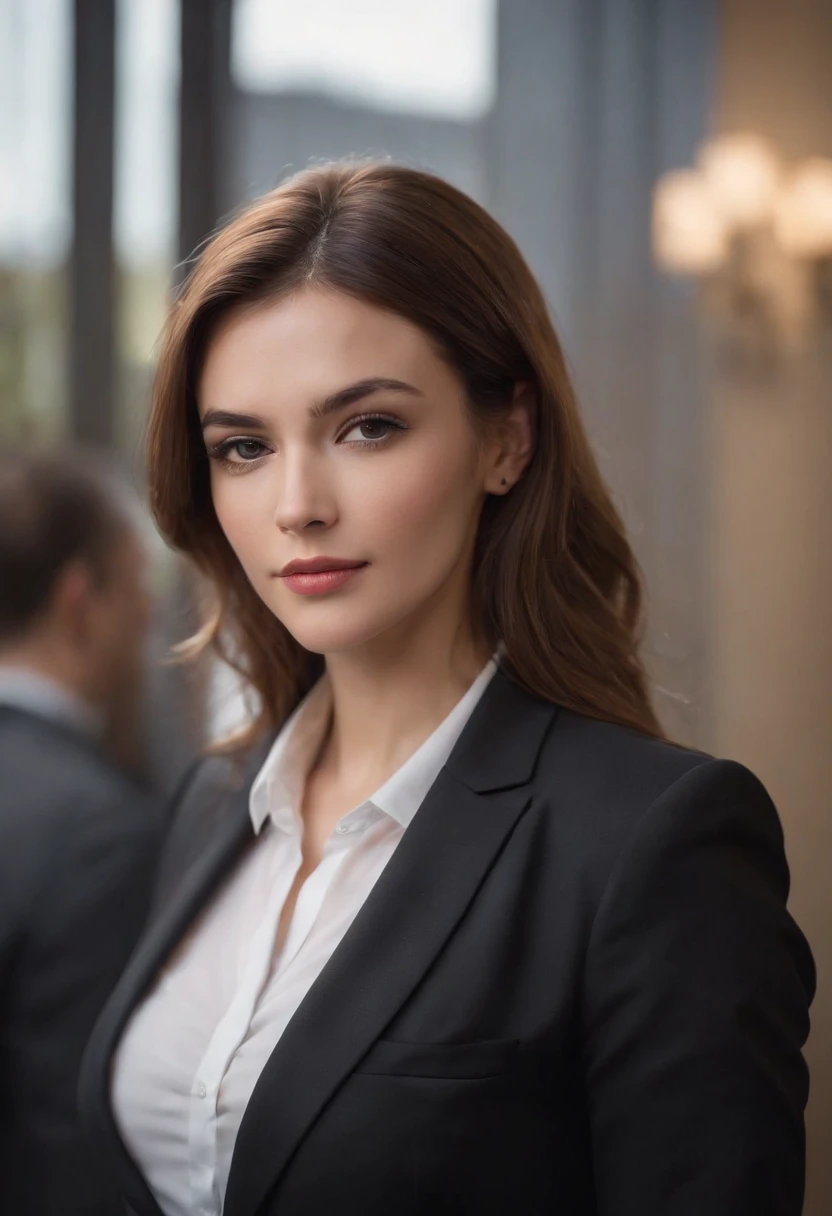 ultrarealistic photo, a portrait of a businesswoman in a suit and tie, feminine empowerment, a woman dressed in a business suit standing in front of people,
sexy and young businesswoman in business suit, in the style of emotionally complex, a beautiful business woman is standing in her suit.