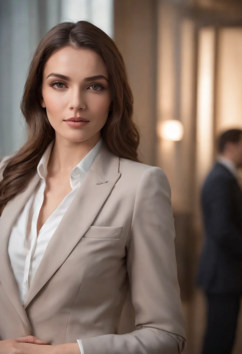 ultrarealistic photo, a portrait of a businesswoman in a suit and tie, feminine empowerment, a woman dressed in a business suit standing in front of people,
sexy and young businesswoman in business suit, in the style of emotionally complex, a beautiful business woman is standing in her suit.