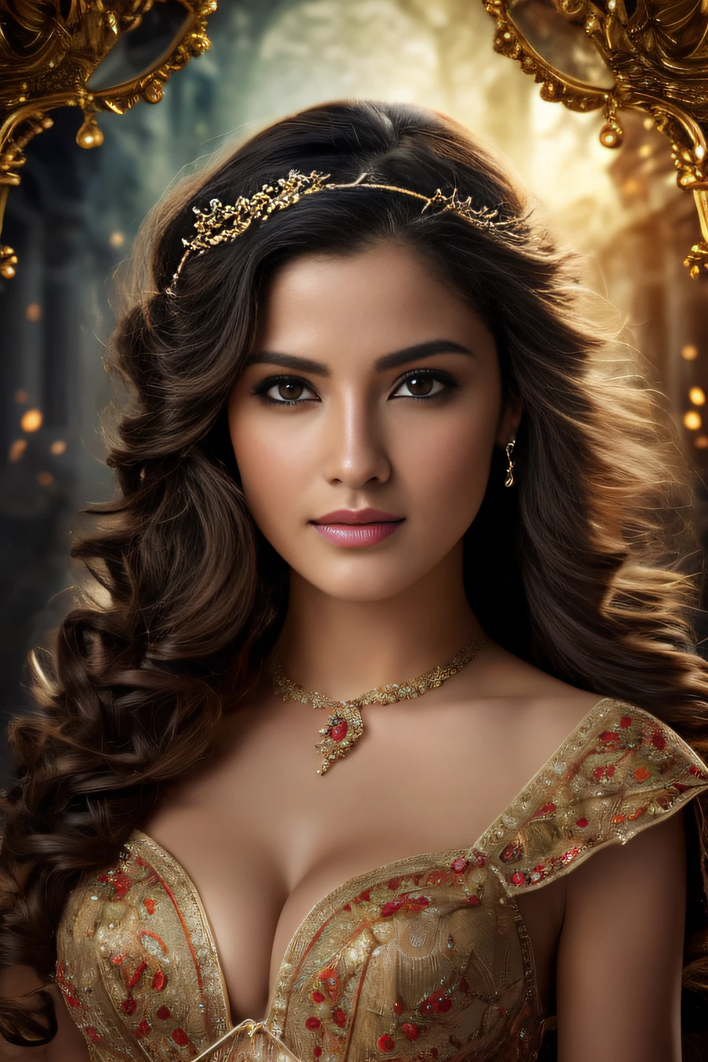 (Foto RAW, melhor qualidade), (realista, fotorrealista: 1,3), melhor qualidade, altamente detalhado, obra-prima, ultra detalhado, illustration, Uma garota , parte superior do corpo, dinamic angle, obra-prima mundial, messy long hair, melhor qualidade, extremamente detalhado Unidade de papel de parede 8k , pintura, Awesome, cinematic lighthing, reflexo de lente,
roupa estilo oriental , luxuosa , epoch , nobreza , intimate , fundo parede de pedras antigas , castelo da nobreza ,