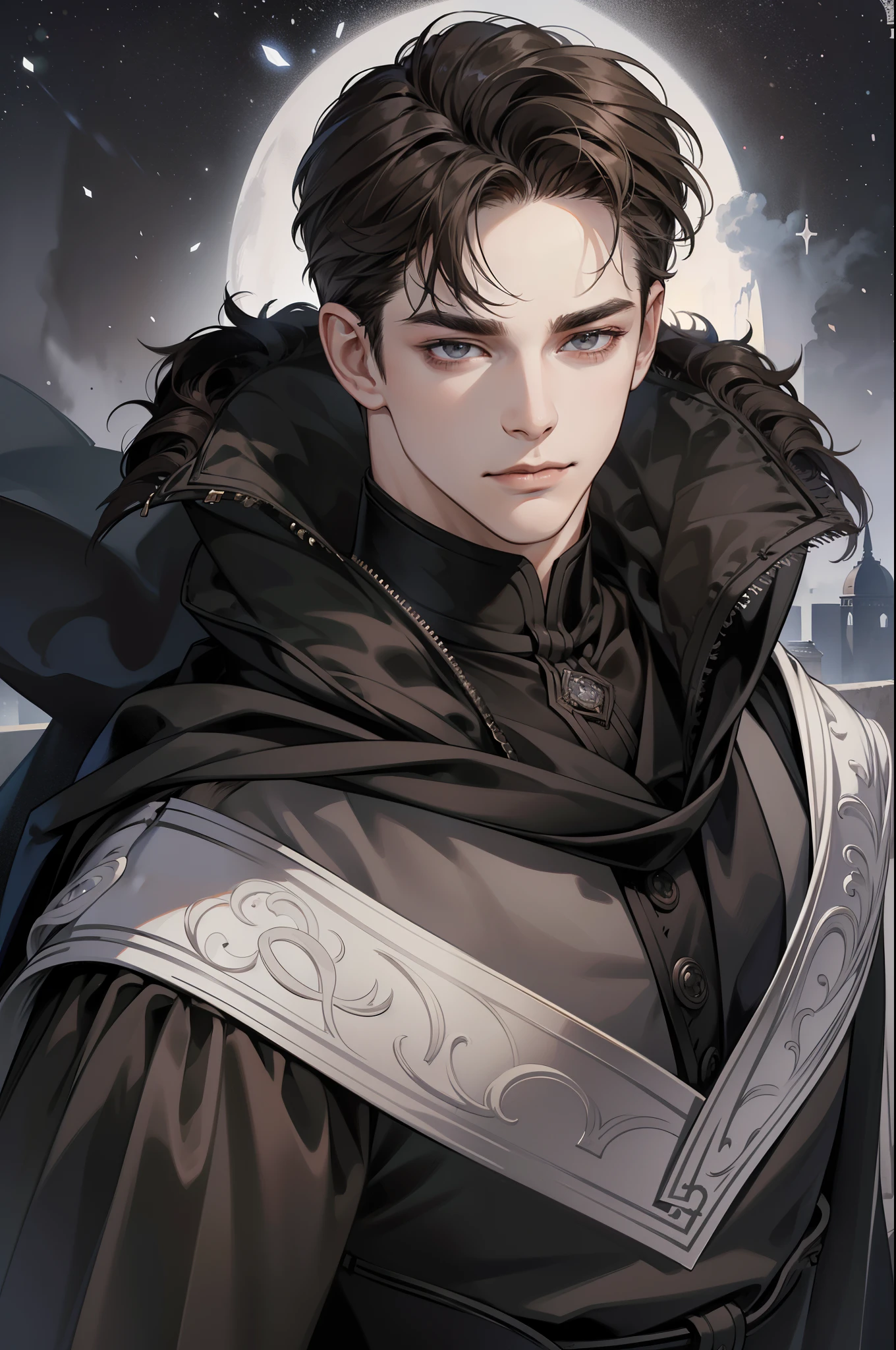 masterpiece, best quality, detailed face, realistic, 1man, mature male, handsome, 25 year old, closed mouth, portrait, extremely detailed face, cold and smirk, ((dark grey eyes)), ((short-right-swept dark brown hair)), [thick eyebrows], dark palace, ((long black cape)), ((all black)), (dark grey eyes), night sky.