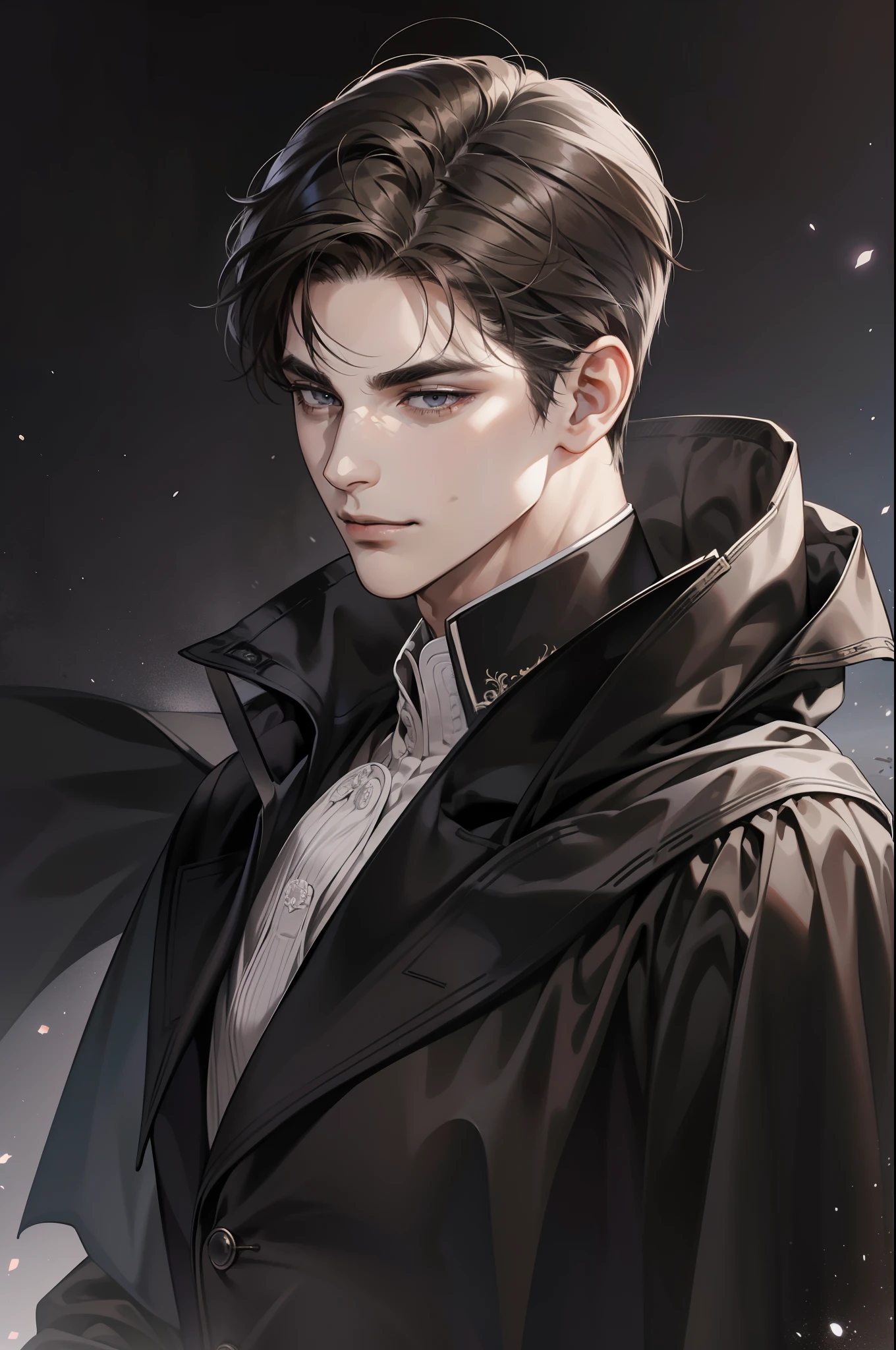 masterpiece, best quality, detailed face, realistic, 1man, mature male, handsome, 25 year old, closed mouth, portrait, extremely detailed face, cold and smirk, ((dark grey eyes)), ((short-right-swept dark brown hair)), [thick eyebrows], dark palace, ((long black cape)), ((all black)), (dark grey eyes), night sky.
