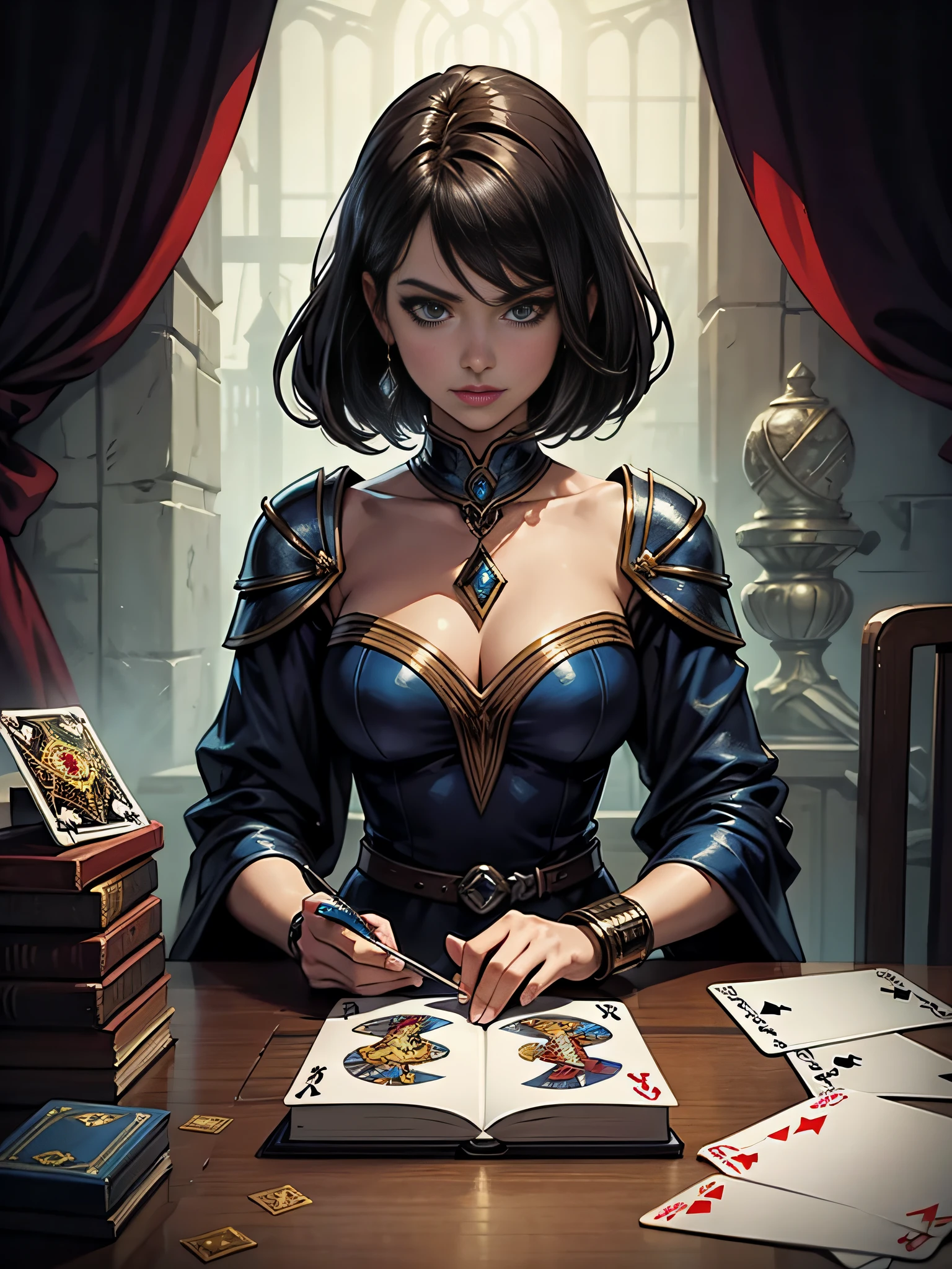 Arfed image of a woman sitting at a table with cards, Arte do Jogo de Cartas de Fantasia, Artgerm extremamente detalhado, Artgerm detalhado, card game illustration, retrato Artgerm, graphic artist artgerm, Stanely Artgerm, estilo Artgerm, Aly Fell e Artgerm, estilo Artgerm, Artgerm. anime illustration