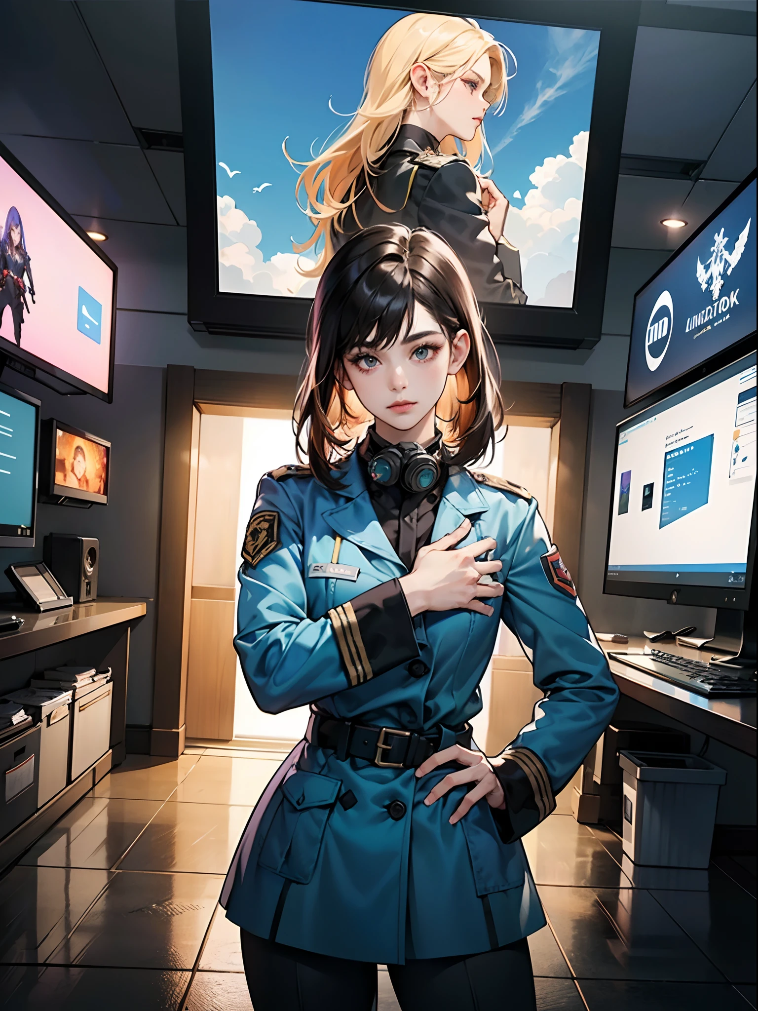 ((Melhor qualidade)), ((obra-prima)), (altamente detalhado: 1.3), 3D, NeonNoir, bela mulher cyberpunk, (using the head mounted display which is thick and hi-tech: 1.2), usando uma capa, hacking um terminal de computador, PURPLE NEON LIGHT FROM MONITOR, GREEN NEON SIGNS ON THE WALL, Style woman in uniform with a sword in hand, em uniforme militar preto, uniforme preto dourado, em uniforme preto, detalhes finos. s da linha de frente, das meninainha de frente, uniforme jk, fanart marin kitagawa, vestindo um terno nobre preto, meninas estiha de frente, meninas da linha dte cg, em um uniforme de soldado, anime maid ss militar, beautiful prince androgynous, renderizados em Unreal Engine, peeled skies, ventos quebradas,sky between cracks, detalhes materiais realistas, detalhes extremos, materiais hiper-realistas, Unreal Engine rendering concept art, Broken Sky, arte Unreal Engine, lighting dramatic. Arte conceitual, renderizada em Unreal 5, ((Unreal Engine)), Unreal Engine Art 5