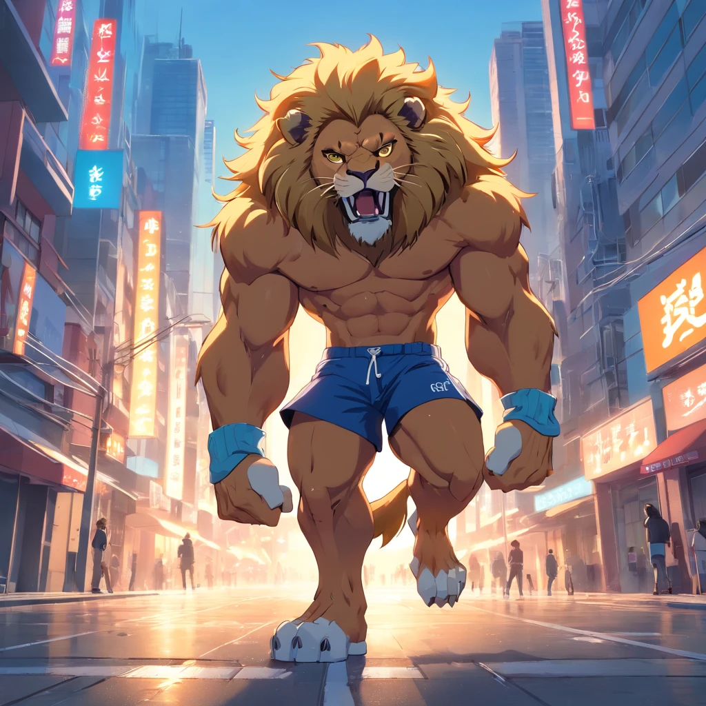((foto crua)), ((obra-prima)), Anthropomorphic humanoid lion wearing (((roupas de streetwear))), caminhando furiosamente entre as pessoas, detalhe intrincado, intricate Greebles pieces, city behind, corpo musculoso, (((large muscles))), muscular arms, (small head), Ogro monstruoso, Titan soft lighting, Hiper realista, soft-lighting, Ambiente sinistro
