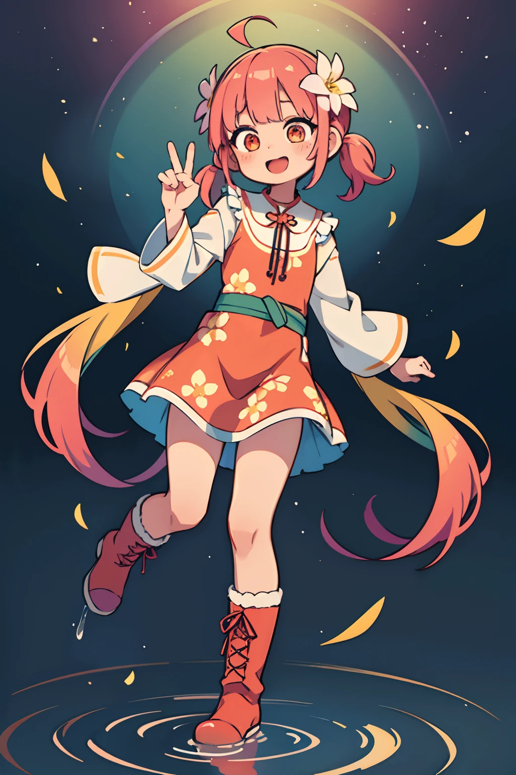 Stand in front of the photo、1girl in,Full body,a short bob, But long pigtails, rainbow color Hair,long boots,Open mouth and big smile、Water droplets on the cheeks、kawaii pose、Flowing iridescent silk、up of face、Eye Up、Colorcon with heart pattern、Floral dress、There are flowers even in front of you、flower petals、season!!: 夏天☀ 🍂