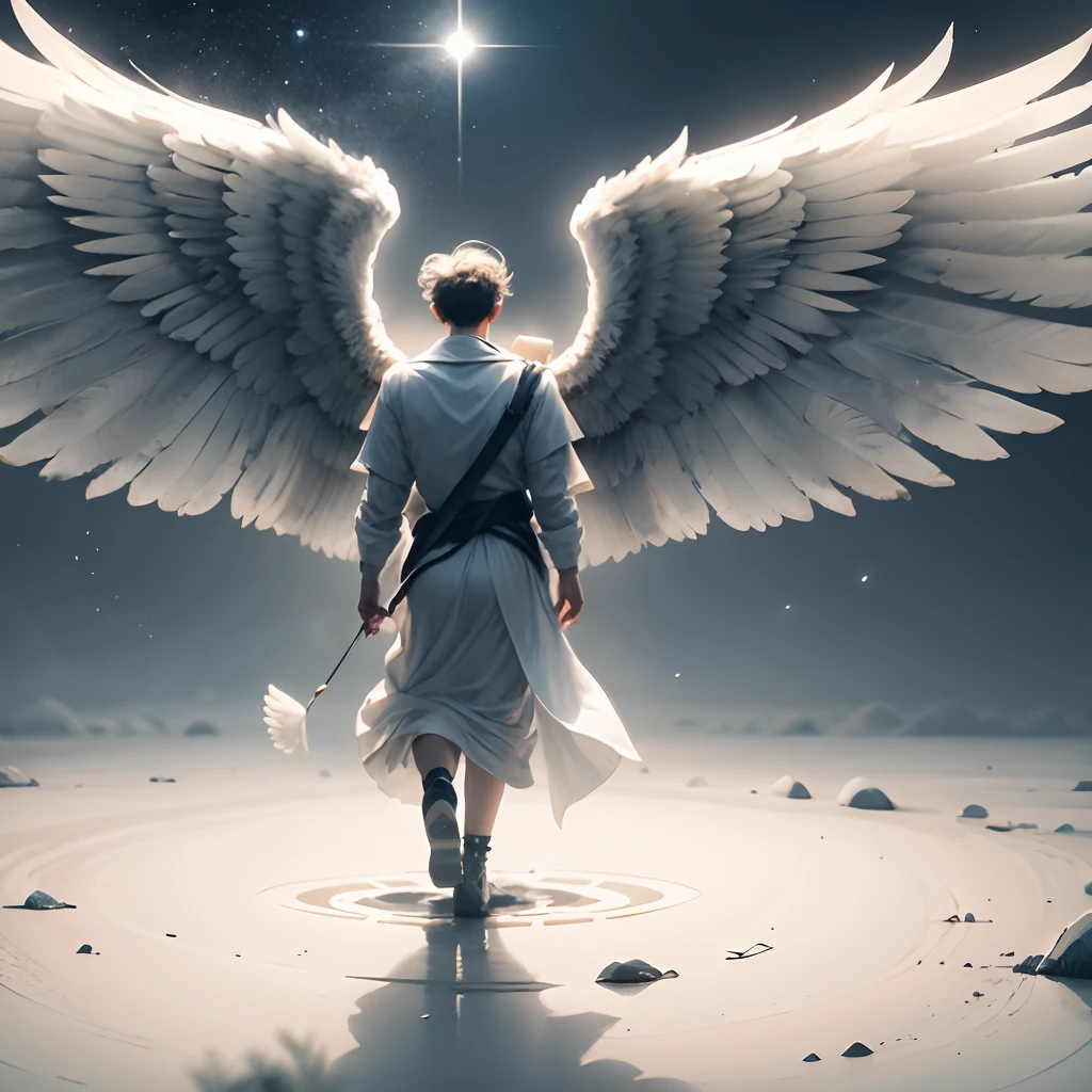 create image of sad adult angel with white wings on his back walking, white background --auto --s2