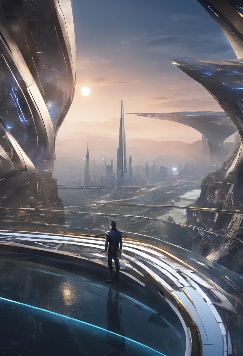 (8k unit wallpaper CG extremely detailed, masterpiece, best quality, ultra-detailed), (((solo)))), ((extremely wide shot:1.15)), a man on a bridge looking at a scifi city in the distance in the background, ((back view)), ((full body)), (high detail), (intricate details), intricate, magnificent scene, detailed environment, highly detailed environment, illustrator, (masterpiece).