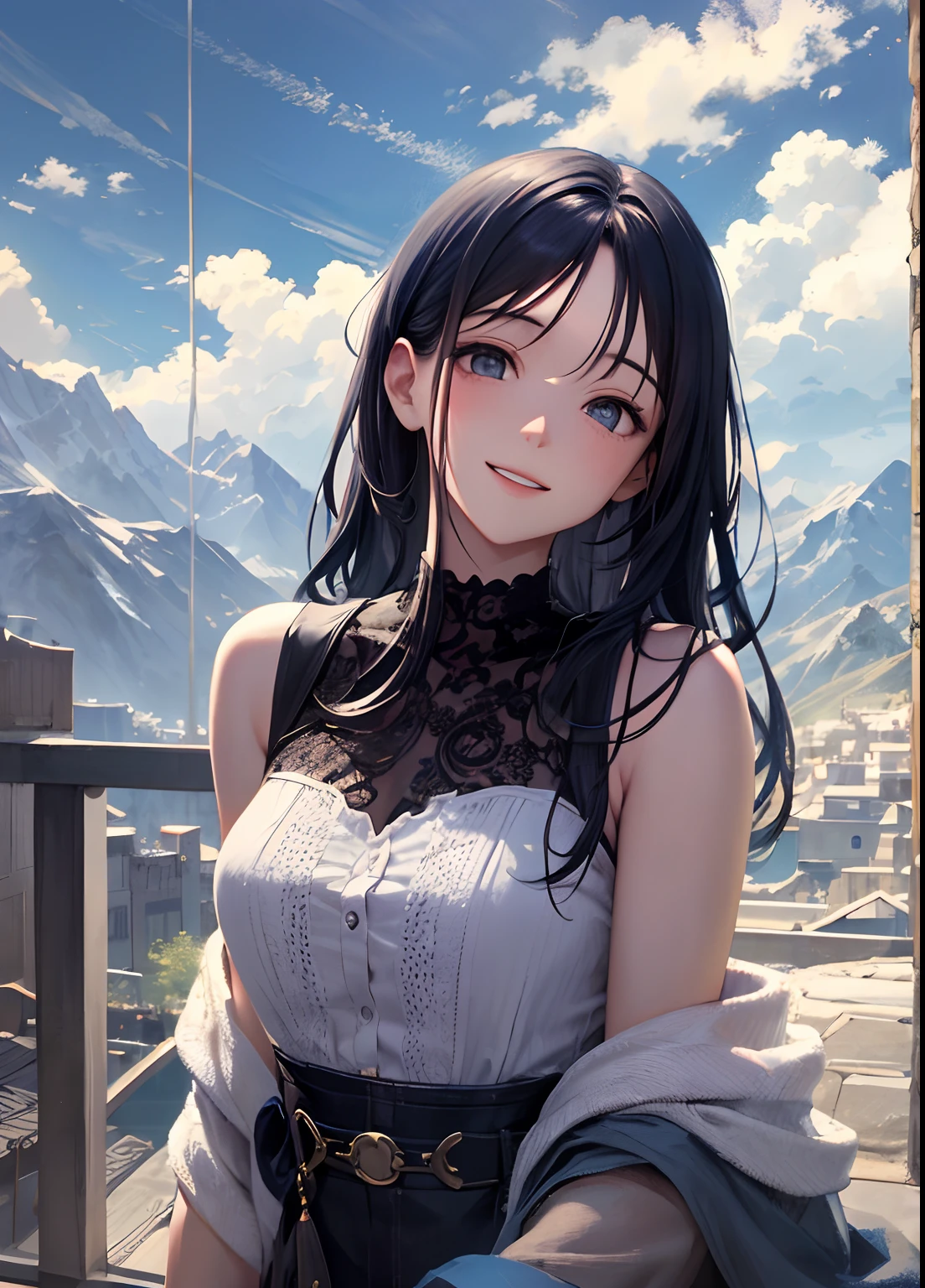 Shenshe, Parte superior del cuerpo, They are smiling, sonrojarse, al aire libre, tag, Fondo simple, cielo azul, Cabello largo, Cielo, sien, Mirando al espectador, escalera, mountains, moody lighting, cabello trenzado,