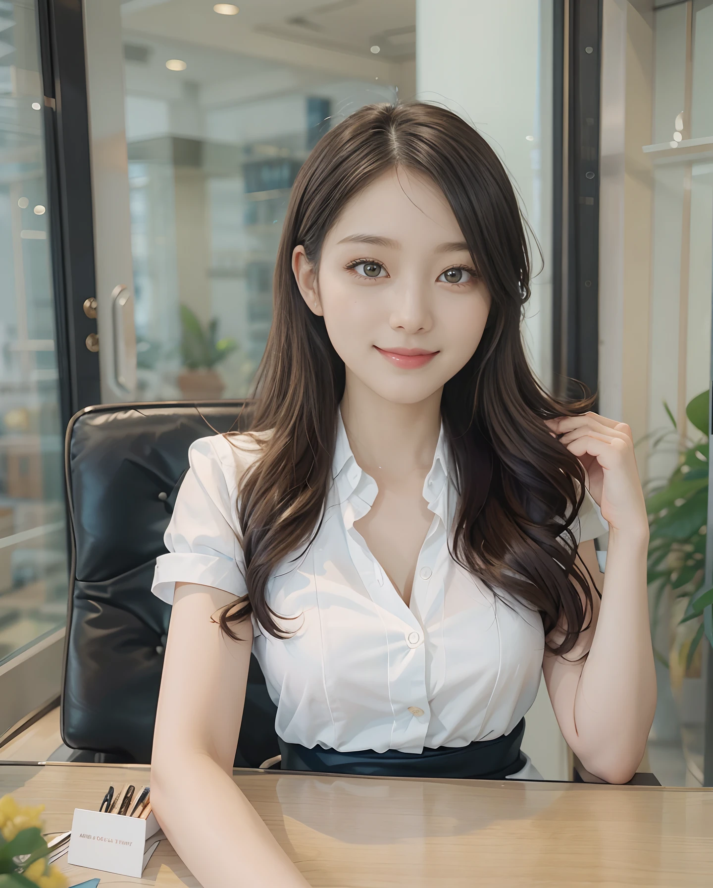 masutepiece、hight resolution、Company Secretary、Beauty Secretary、Career Woman、30-year-old girl、１girl with、Looking at the camera、The background is the company reception、smil、Finish as shown in the photo、a beauty、the skin is white and beautiful、Hair should be tied back、
