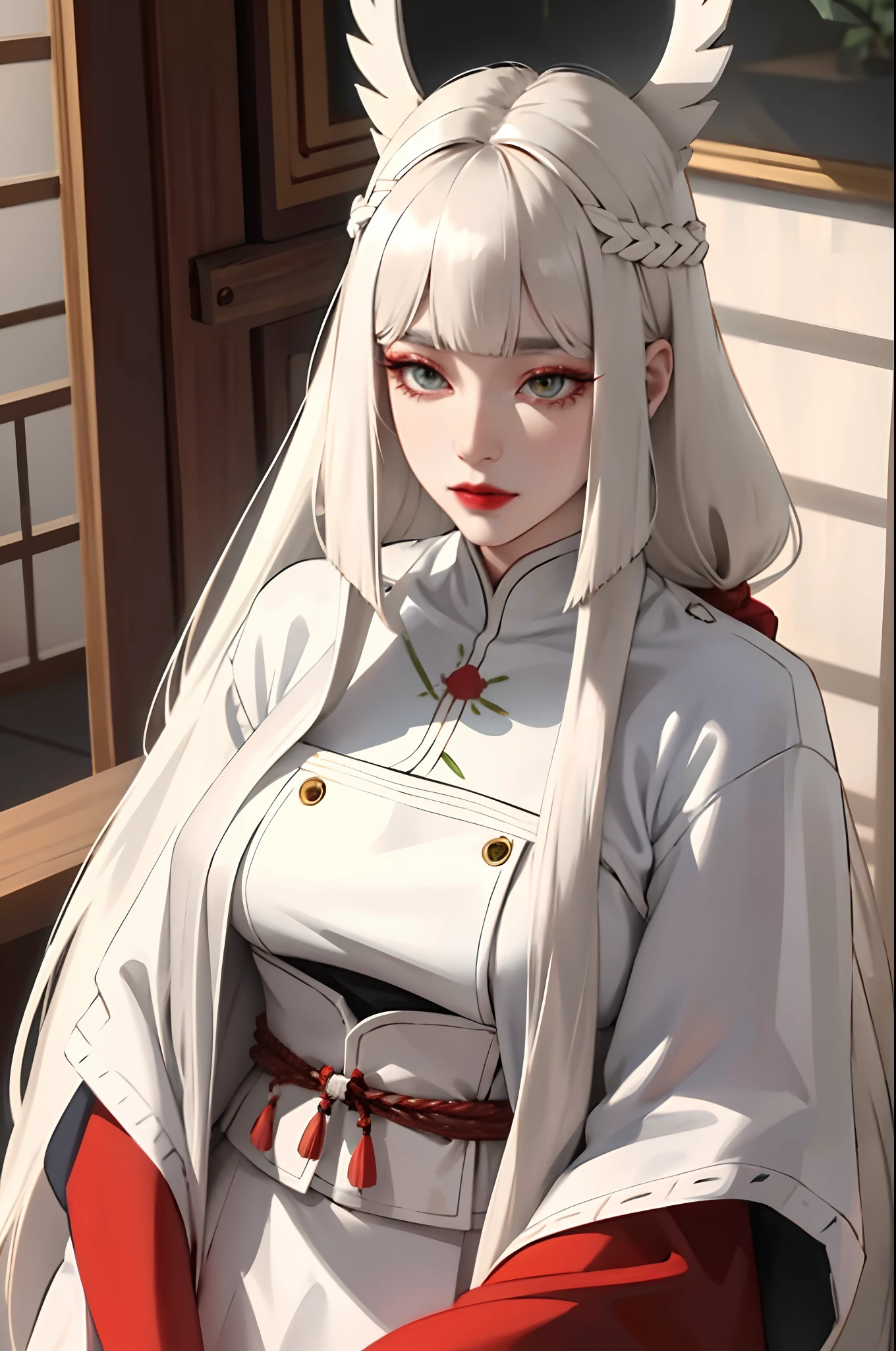 (masterpiece:1.2, best quality), (real picture, intricate details), 1lady, solo, upper body, casual, long hair, heavy makeup, white face painted, painted white face, red lipstick, red eyeshadow, natural fabrics, close-up face, serious, warrior, female warrior, armour, female warrior armour, Japanese armour, japanese warrior clothing, really long light platinum blonde hair, bangs, platinum blonde voluminous hair, green eyes, big breasts, big tits, bangs on forehead, Korean bangs, cute bangs, mature face, 1adult, 1 female, 1 woman