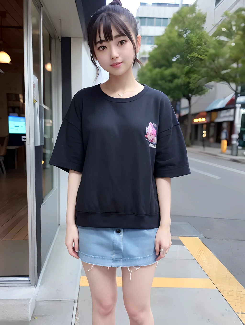in 8K、top-quality、masterpiece:1.2)、(realisitic、Photorealsitic:1.37)、Suzu Hirose、Rough look、Internet cafe、ultra-detailliert、 1 人、Otaku、Big、Standing posture、 A smile