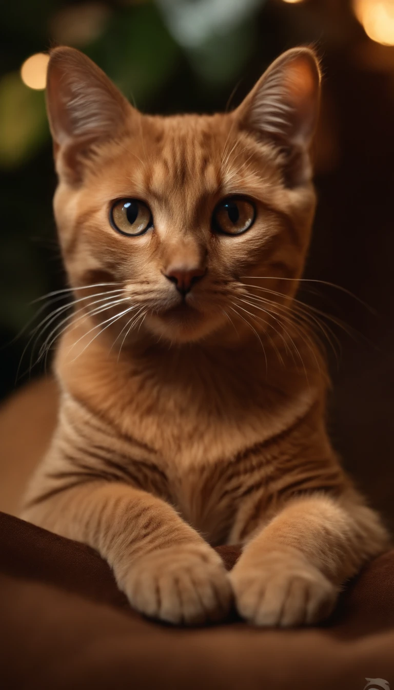 Gato, CRIE UMA FOTO DE um  gato lindo e fofo EM CIMA DE UM pequeno sofa PET DE LUXO EM UM ESTUDIO FOTOGRAFICO FUNDO  bege, com coleira em couro marrom com pingente em diamante,, master part, best quality, extremamente detalhado, Cinematic lighting, Pelos e olhos detalhados, 8k, Realistic, Premiado, fotografia