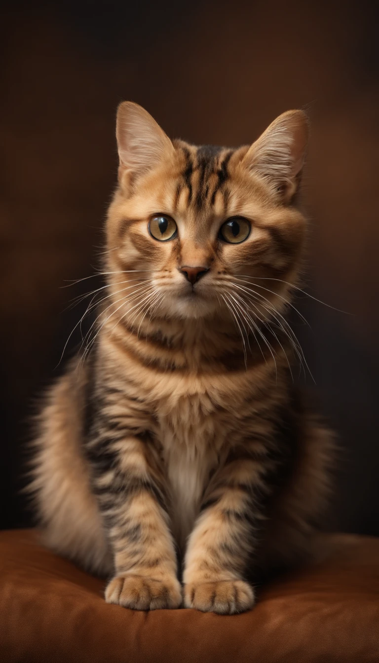 Gato, CRIE UMA FOTO DE um gato lindo e fofo EM CIMA DE UM pequeno sofa PET DE LUXO EM UM ESTUDIO FOTOGRAFICO FUNDO bege, com coleira em couro marrom com pingente em diamante,, master part, best quality, extremamente detalhado, Cinematic lighting, Pelos e olhos detalhados, 8k, Realistic, Premiado, fotografia