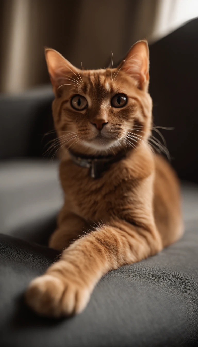 Gato, CRIE UMA FOTO DE um gato lindo e fofo EM CIMA DE UM pequeno sofa PET DE LUXO EM UM ESTUDIO FOTOGRAFICO FUNDO bege, com coleira em couro marrom com pingente em diamante,, master part, best quality, extremamente detalhado, Cinematic lighting, Pelos e olhos detalhados, 8k, Realistic, Premiado, fotografia
