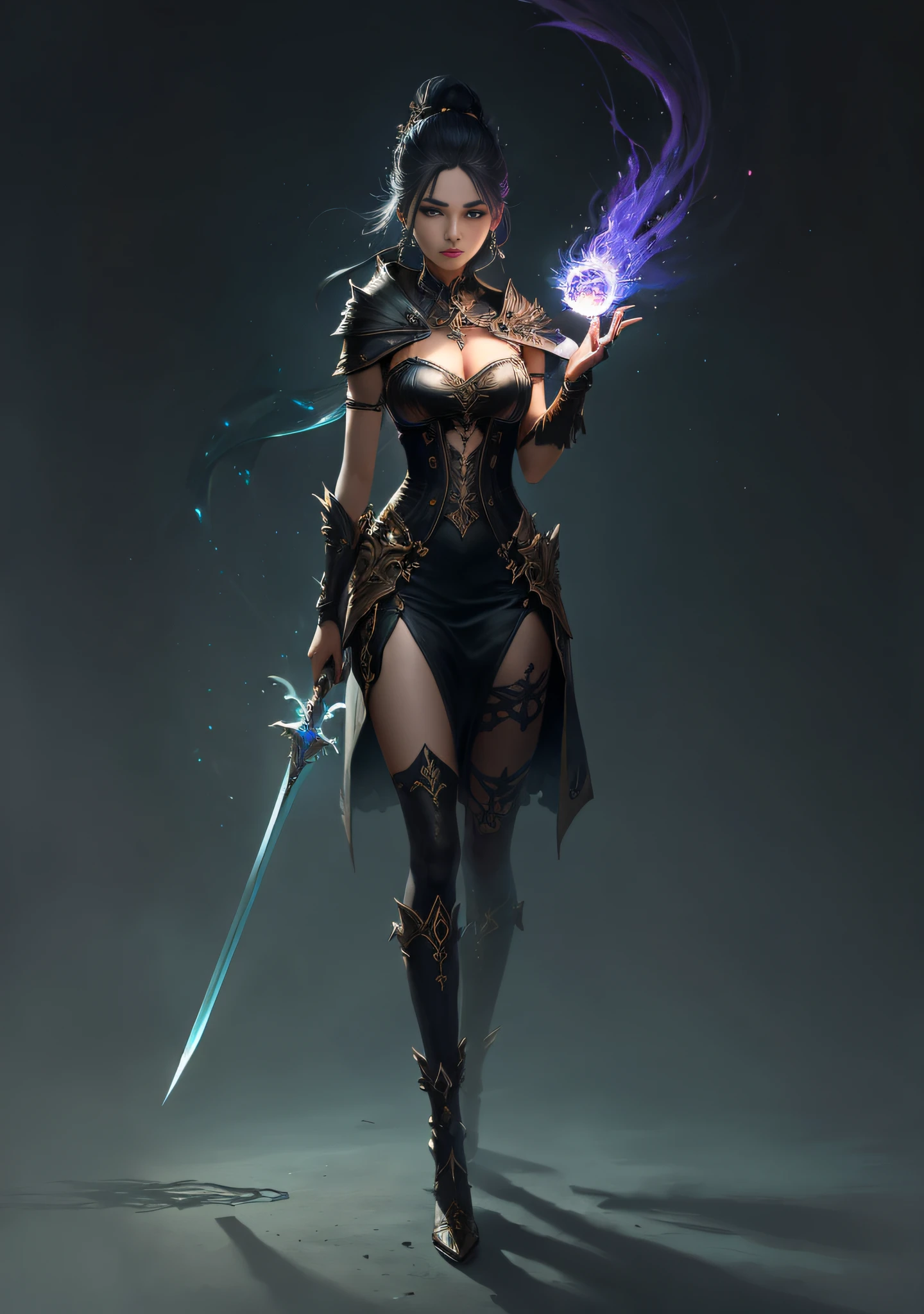 um close up de uma mulher em um vestido preto segurando uma espada, arte de estilo fantasia escura, epic exquisite character art, epic fantasy HD art style, Epic Fantasy Digital Art Style, por Yang J, design de personagens de fantasia sombria, arte do personagem de fantasia, Epic fantasy art style, epic mage girl character, epic fantasy character art, arte de fantasia de alta qualidade, arte de personagem impressionante